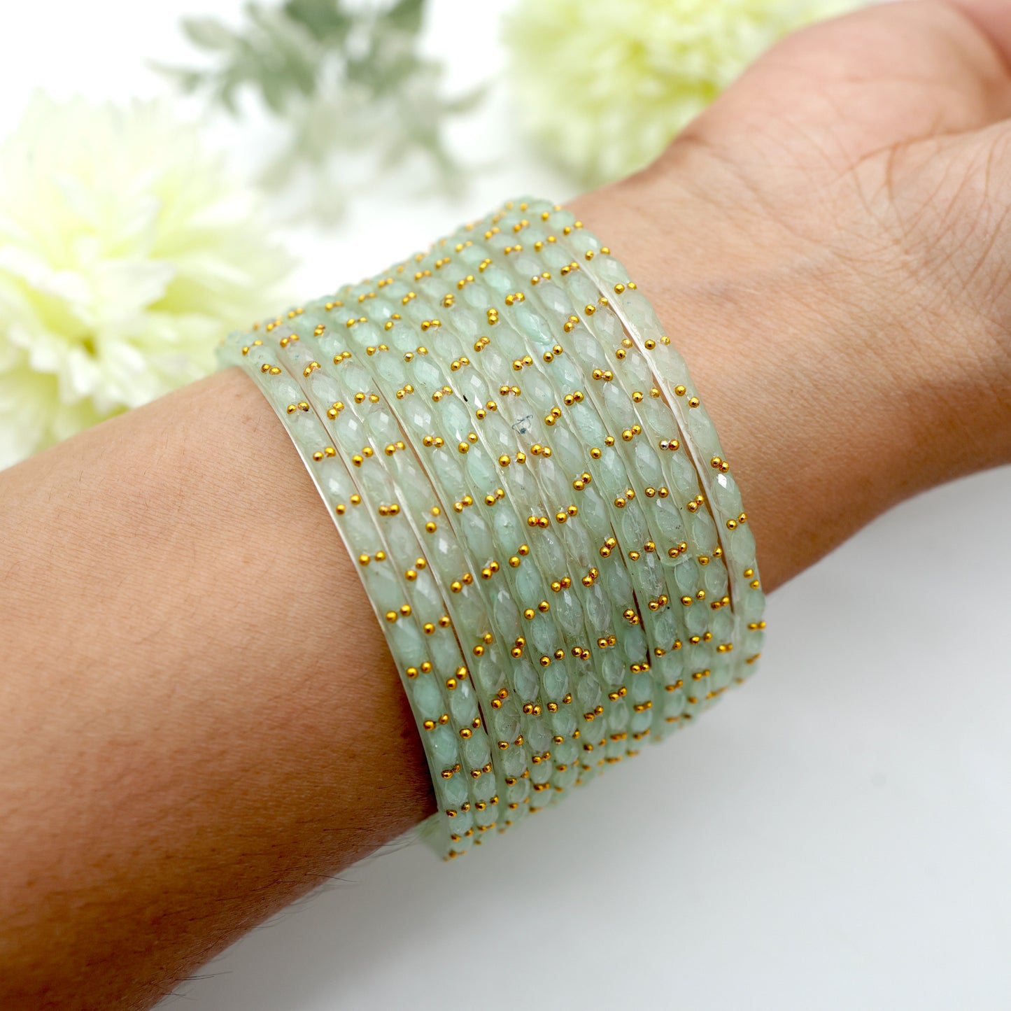 Raindrop Crystal Cut Glass Bangles - Frosted Mint Green