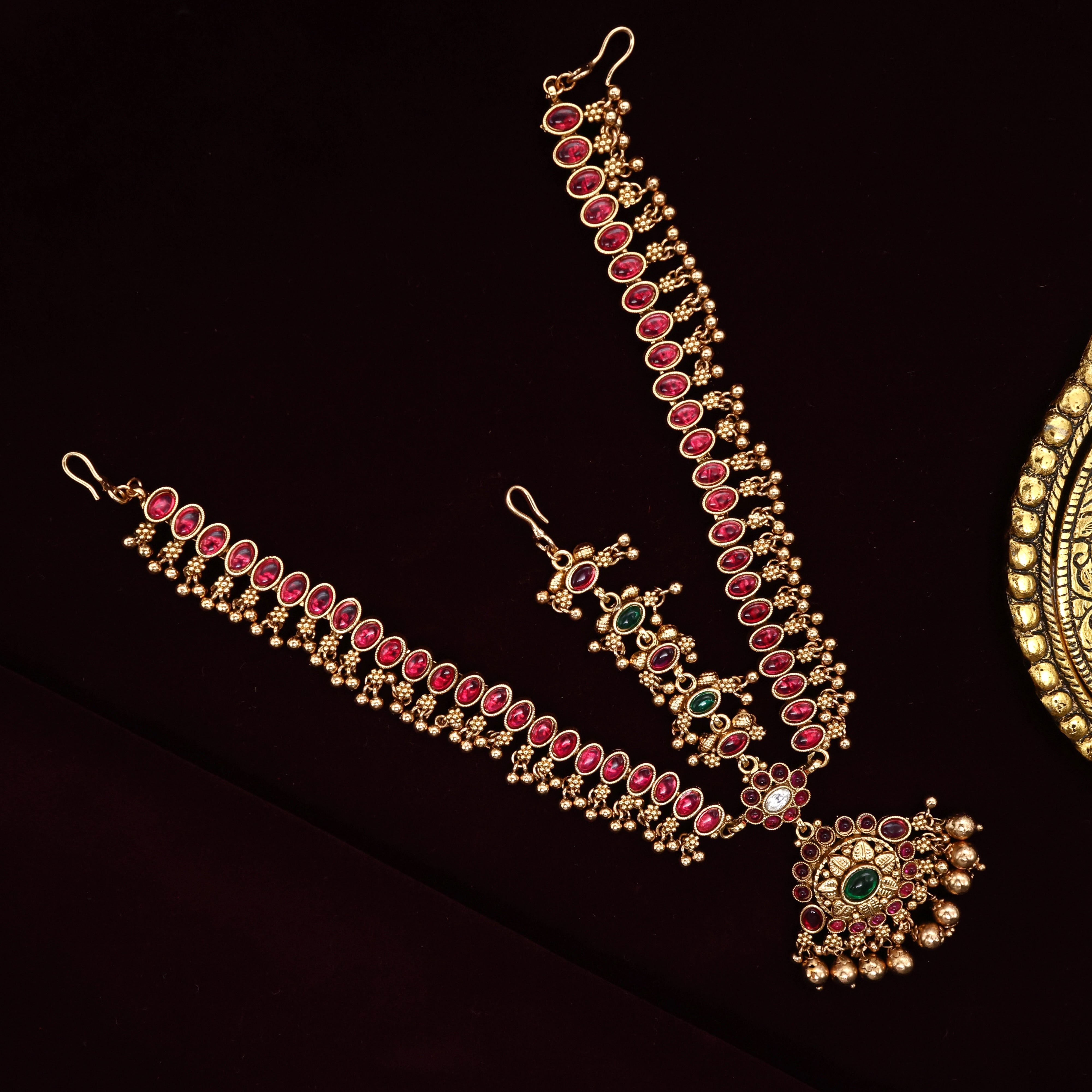 Premium Antique Kemp Classic Style Bridal Maang Tikka/Nethi Chutti