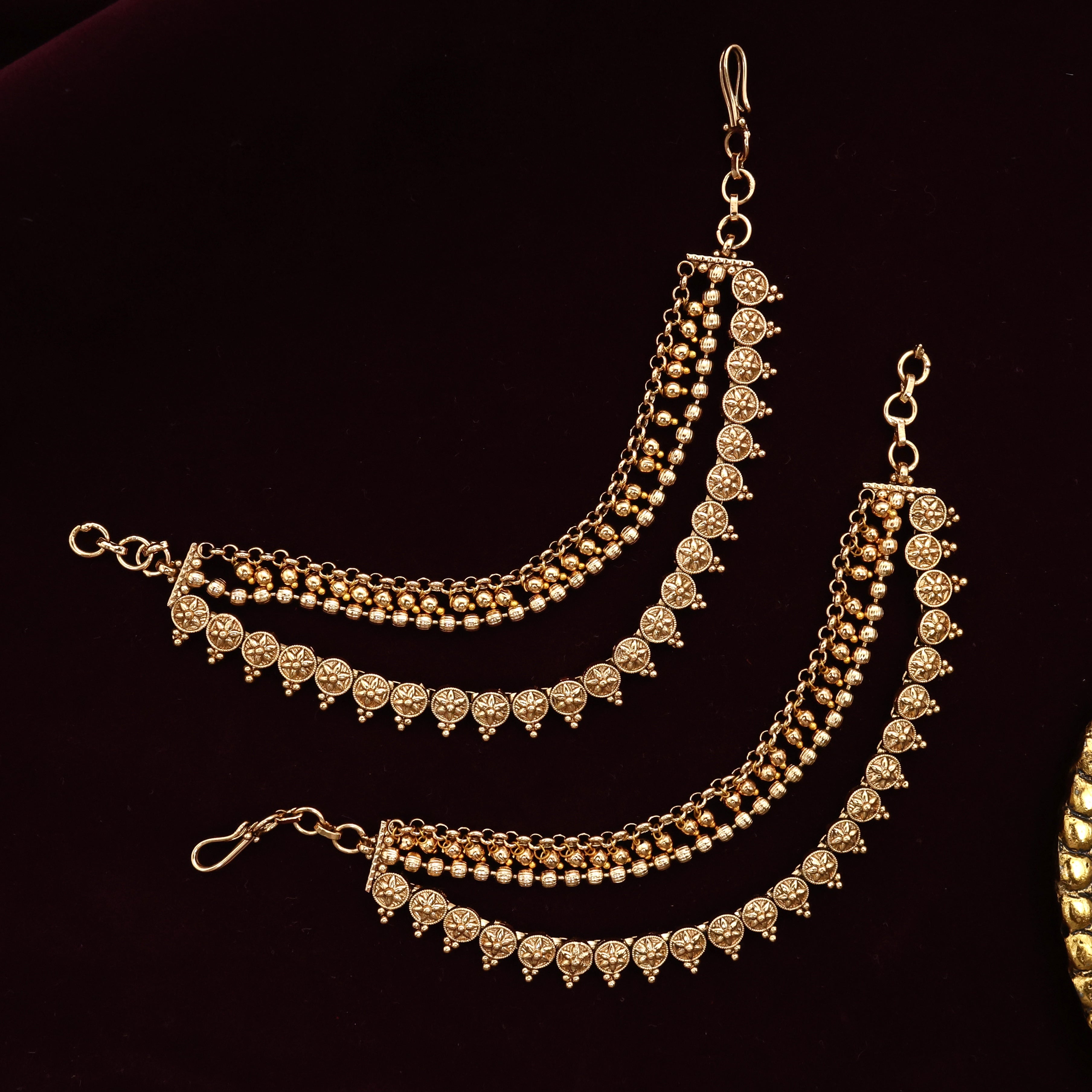 Gold Look Antique 3 Line Flower Chakra Bridal Maatal/Kaan Chain