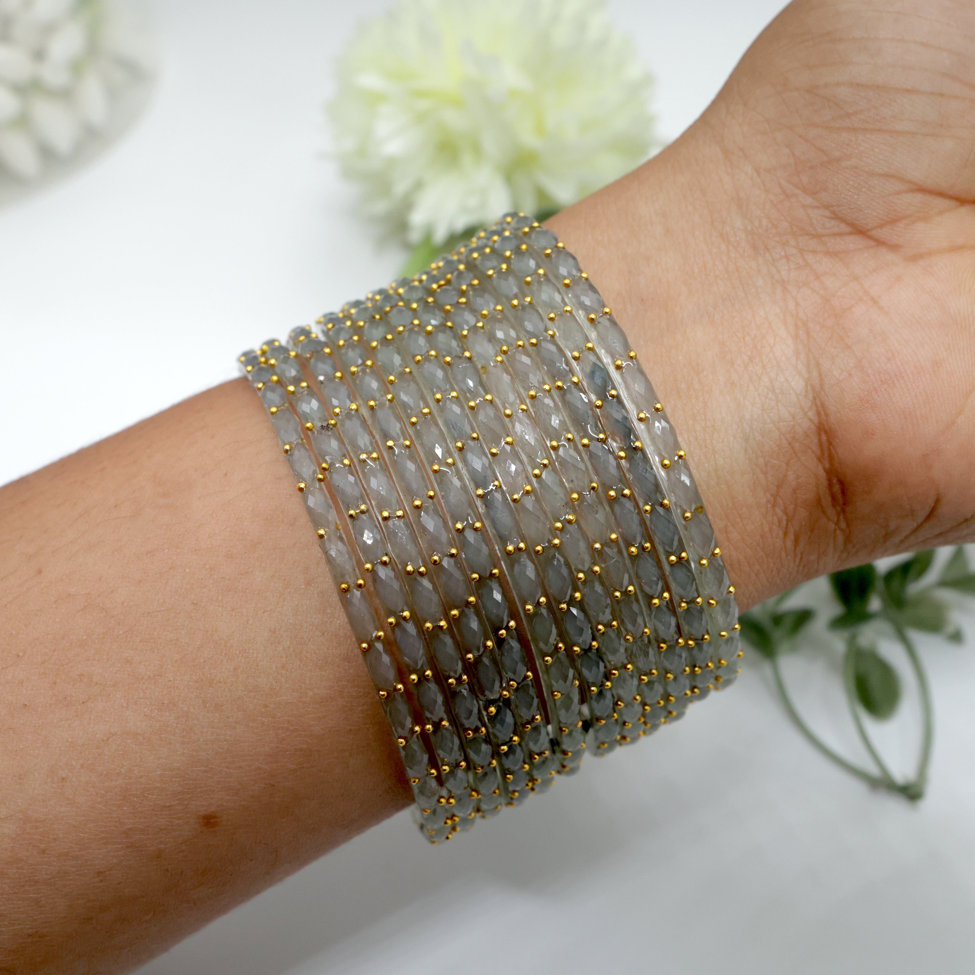 Raindrop Crystal Cut Glass Bangles -Grey