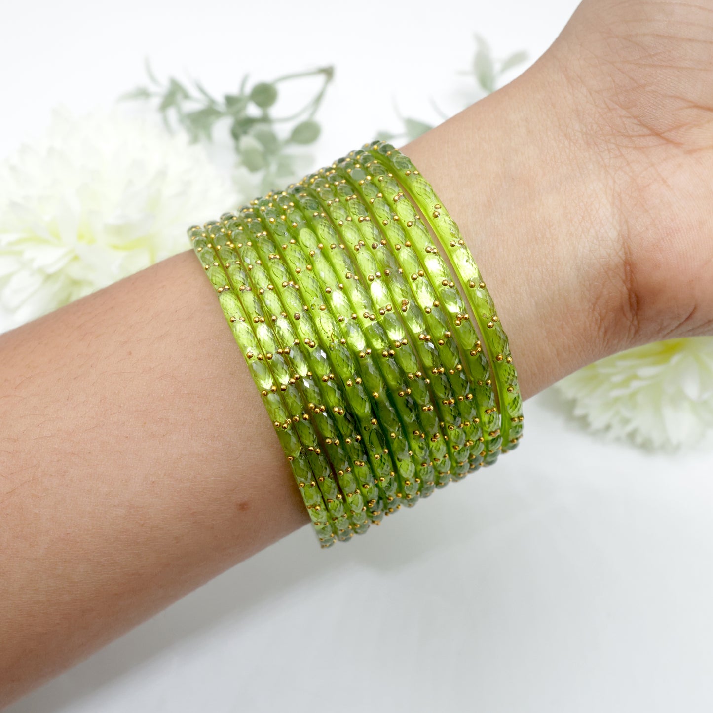 Raindrop Crystal Cut Glass Bangles - Young Mango Leaf Green