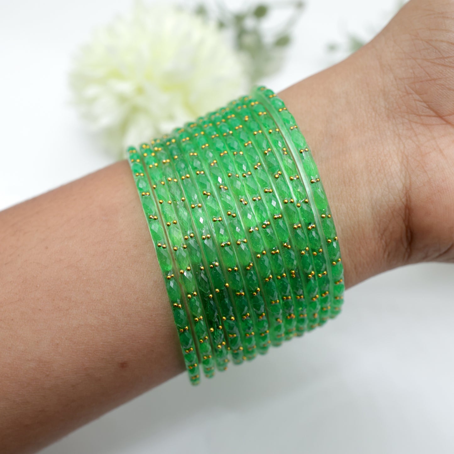 Raindrop Crystal Cut Glass Bangles - Sea Green