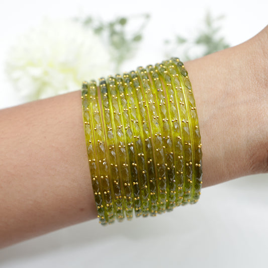 Raindrop Crystal Cut Glass Bangles - Light Mehendi