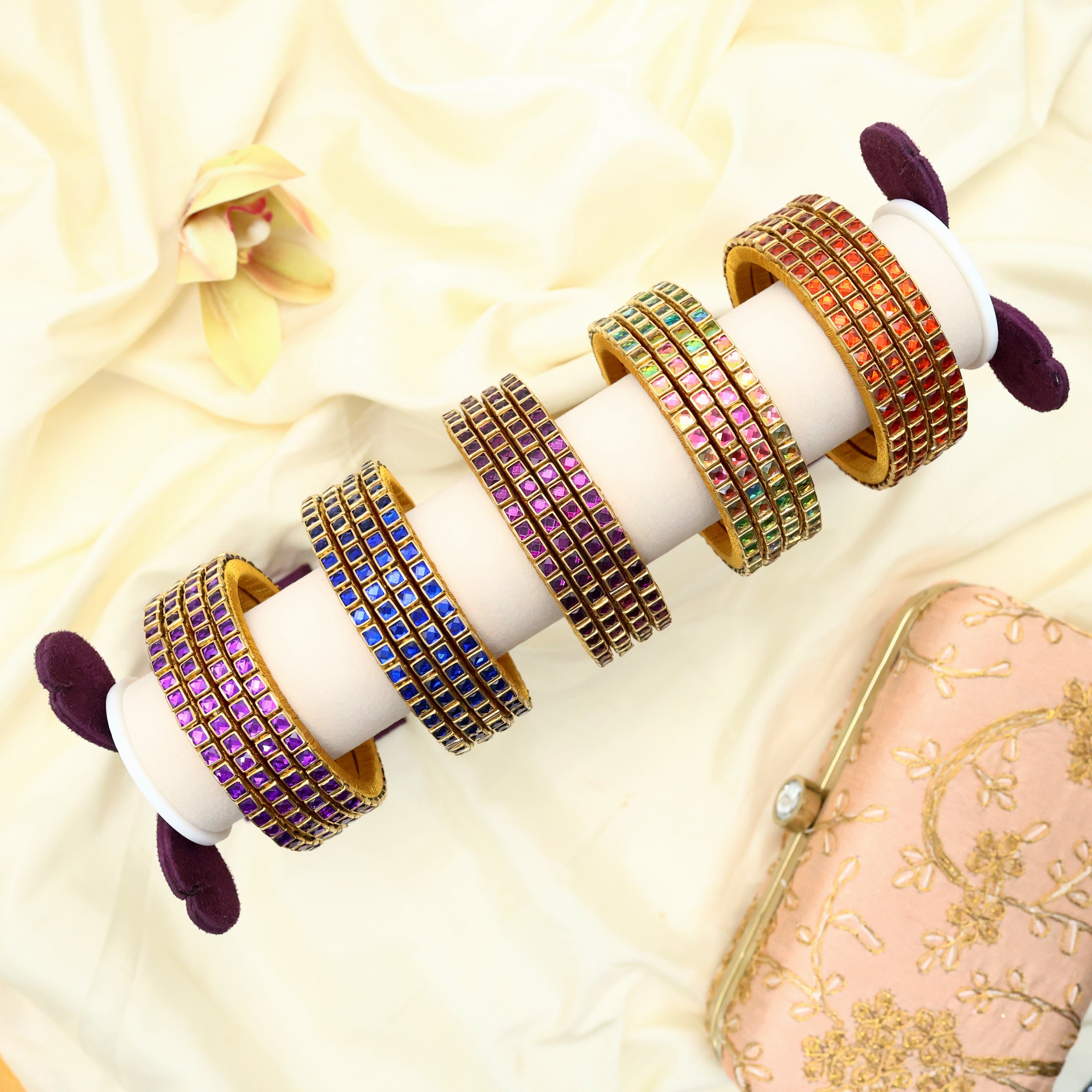 HANDMADE SILK THREAD KUNDAN SQUARE STONE BANGLES - PACK OF 5 SETS