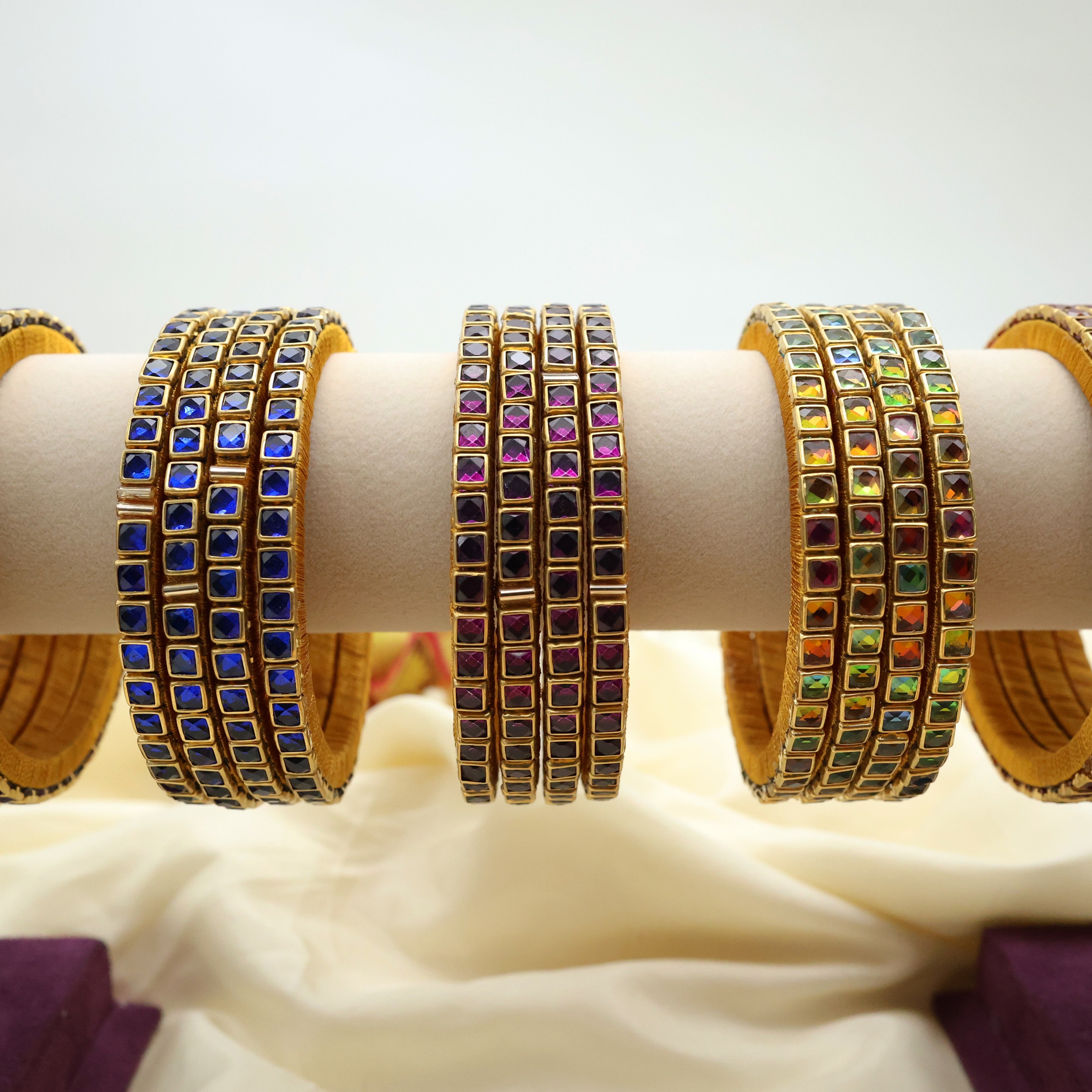 HANDMADE SILK THREAD KUNDAN SQUARE STONE BANGLES - PACK OF 5 SETS