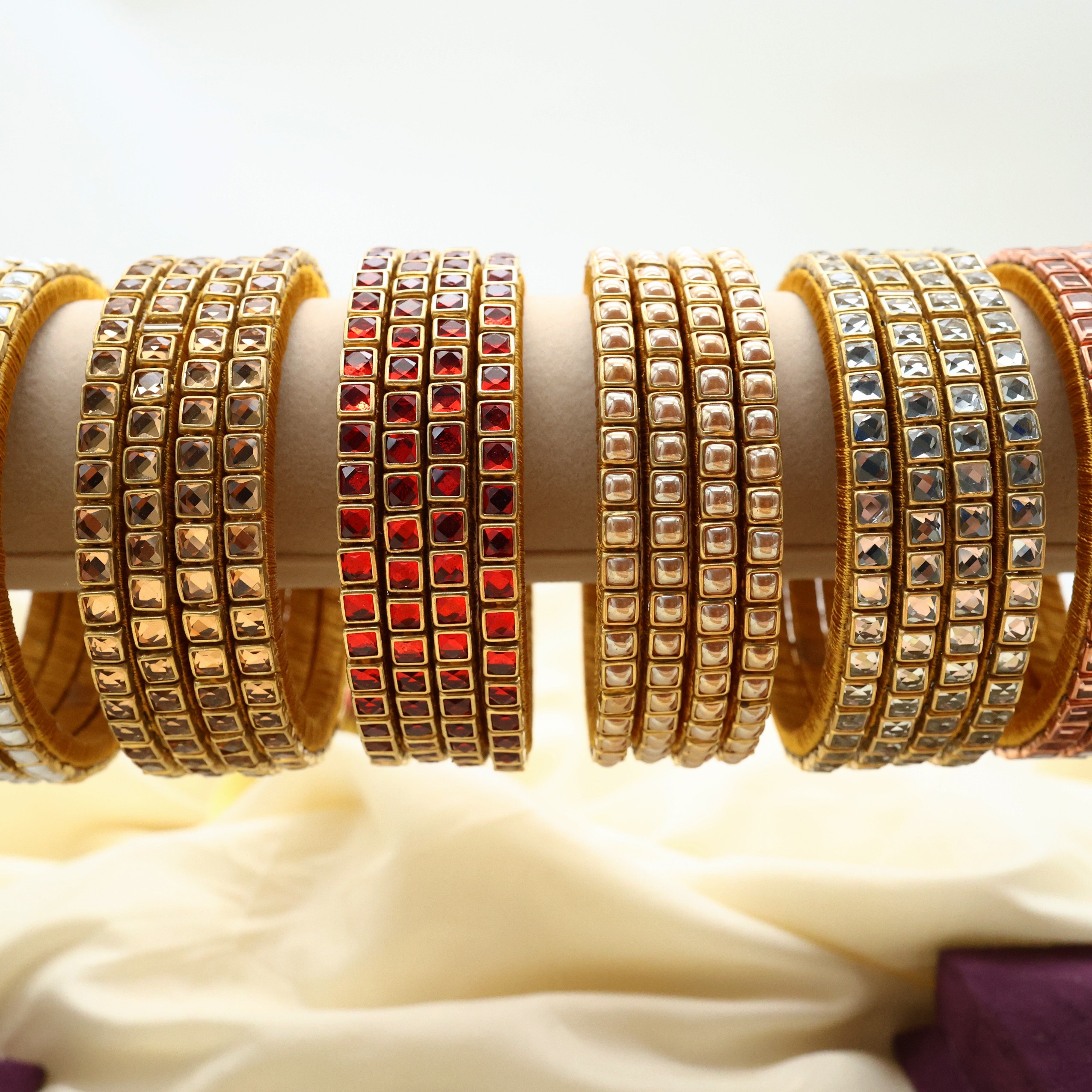 Handmade Silk Thread Kundan Square Stone Bangles - Pack of 7 Sets (Matte & Glossy)