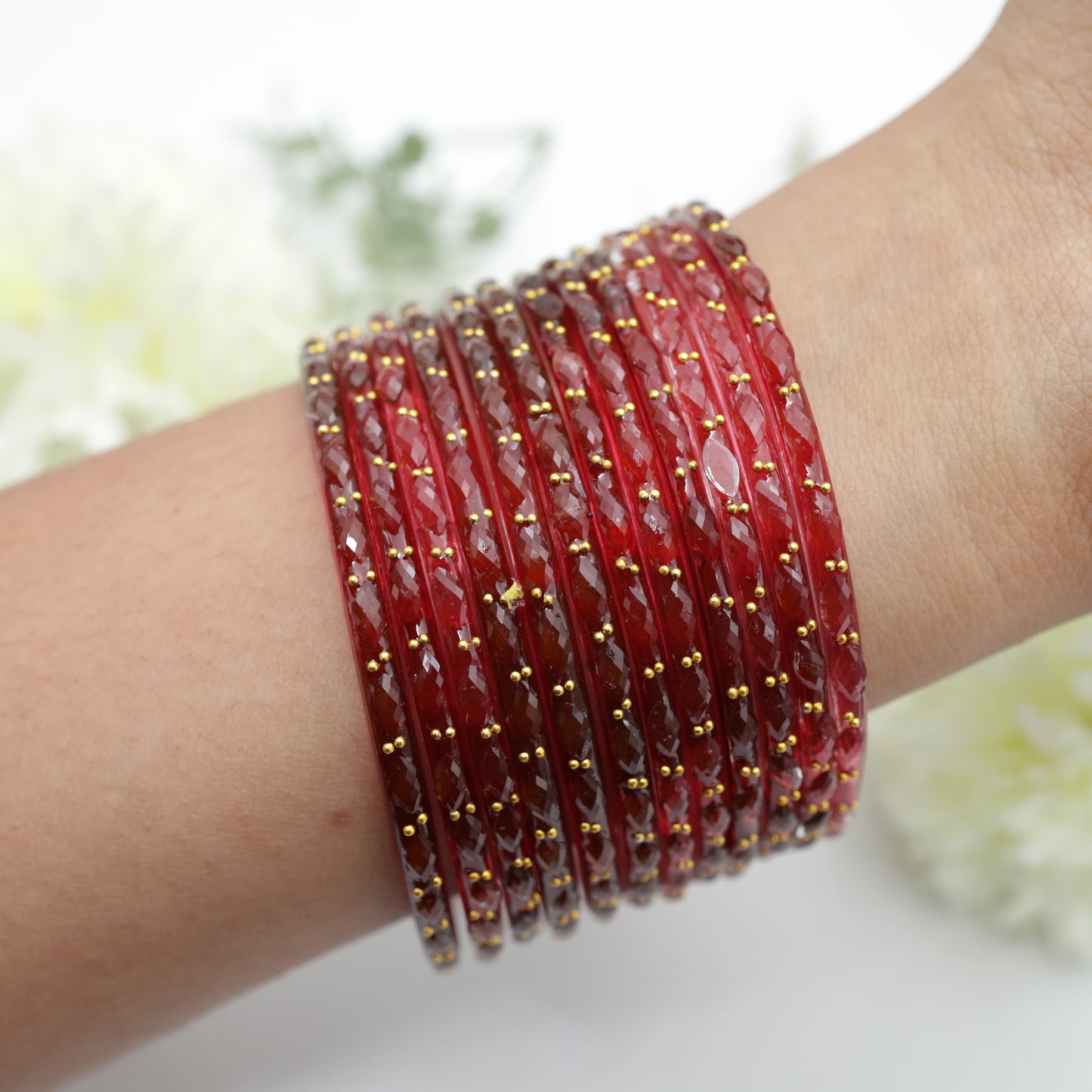 Raindrop Crystal Cut Glass Bangles - Maroon