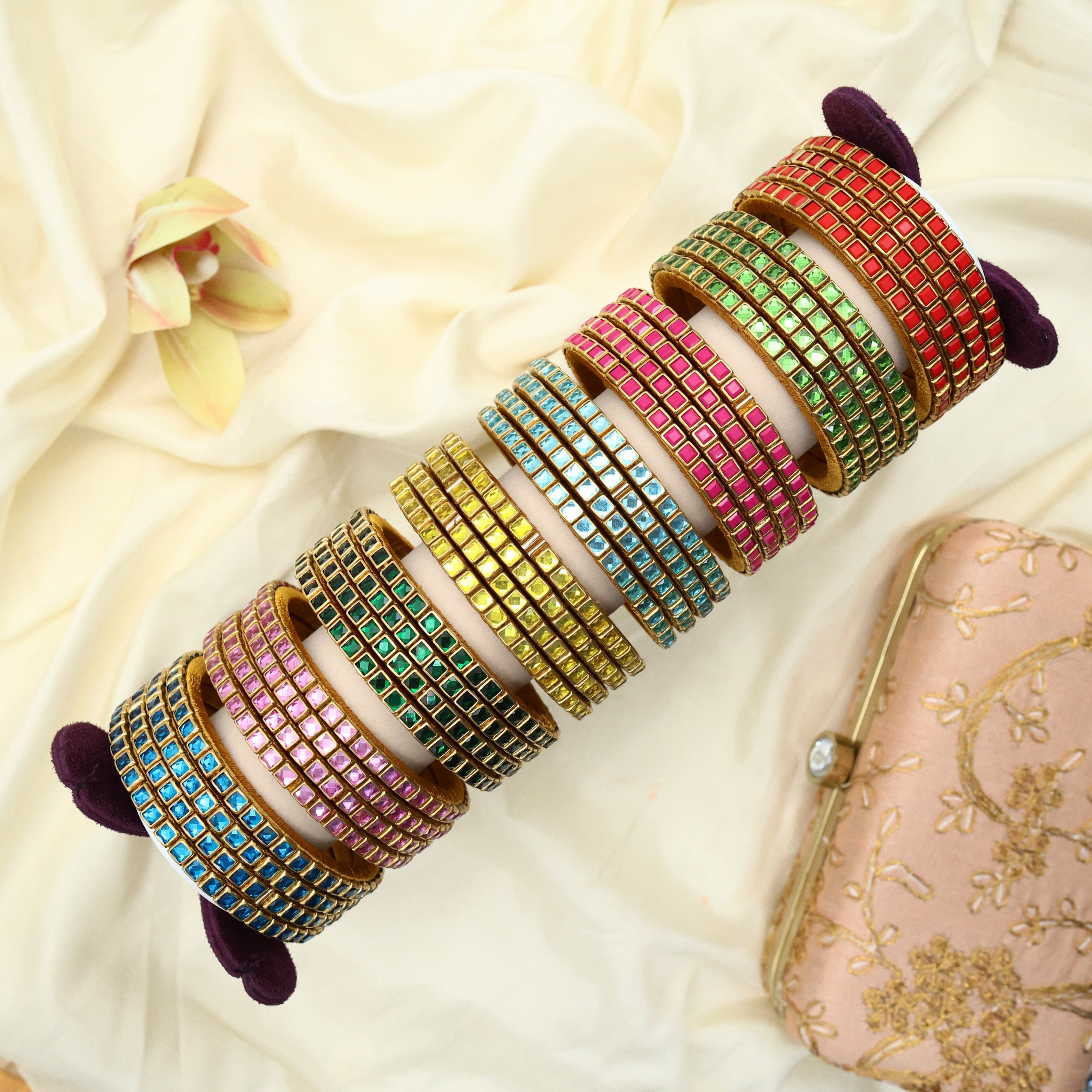 Handmade Silk Thread Kundan Square Stone Bangles - Pack of 8 Sets