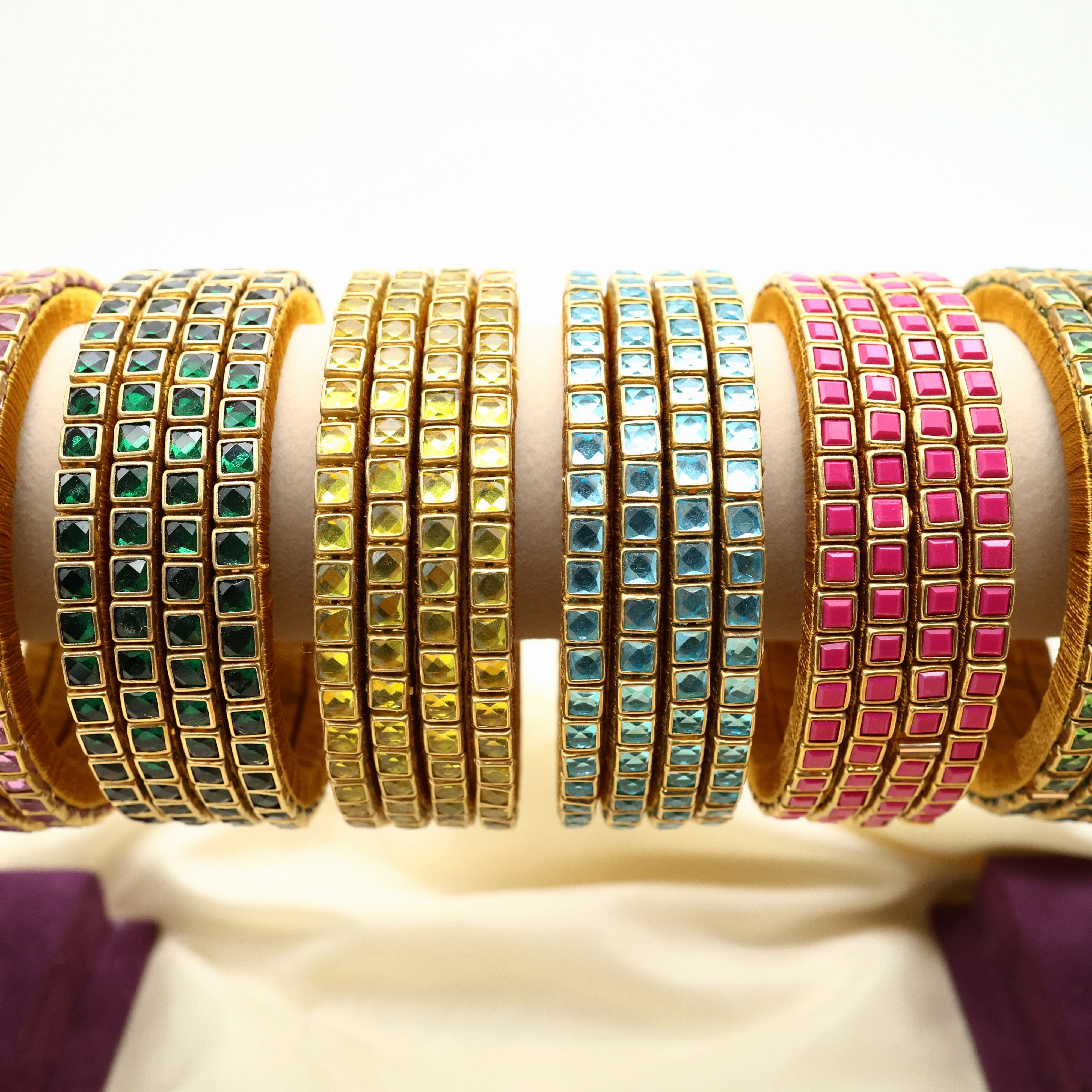 Handmade Silk Thread Kundan Square Stone Bangles - Pack of 8 Sets