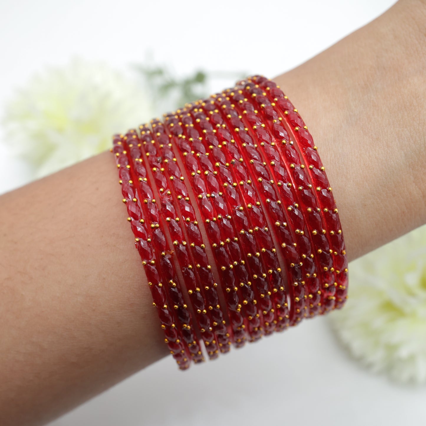 Raindrop Crystal Cut Glass Bangles - Red