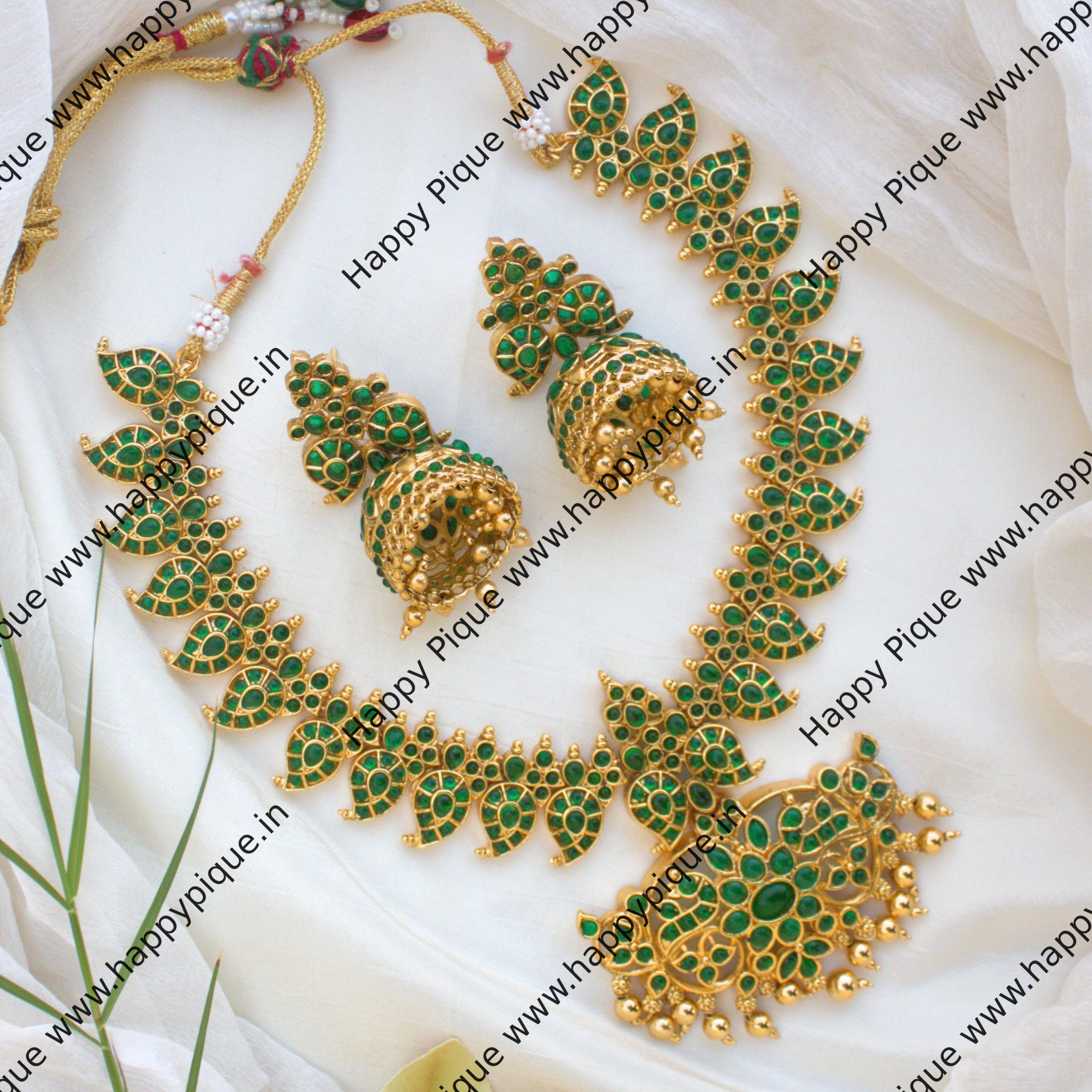 Premium Antique Gold Mango Mayuri Kemp Necklace Set - Green