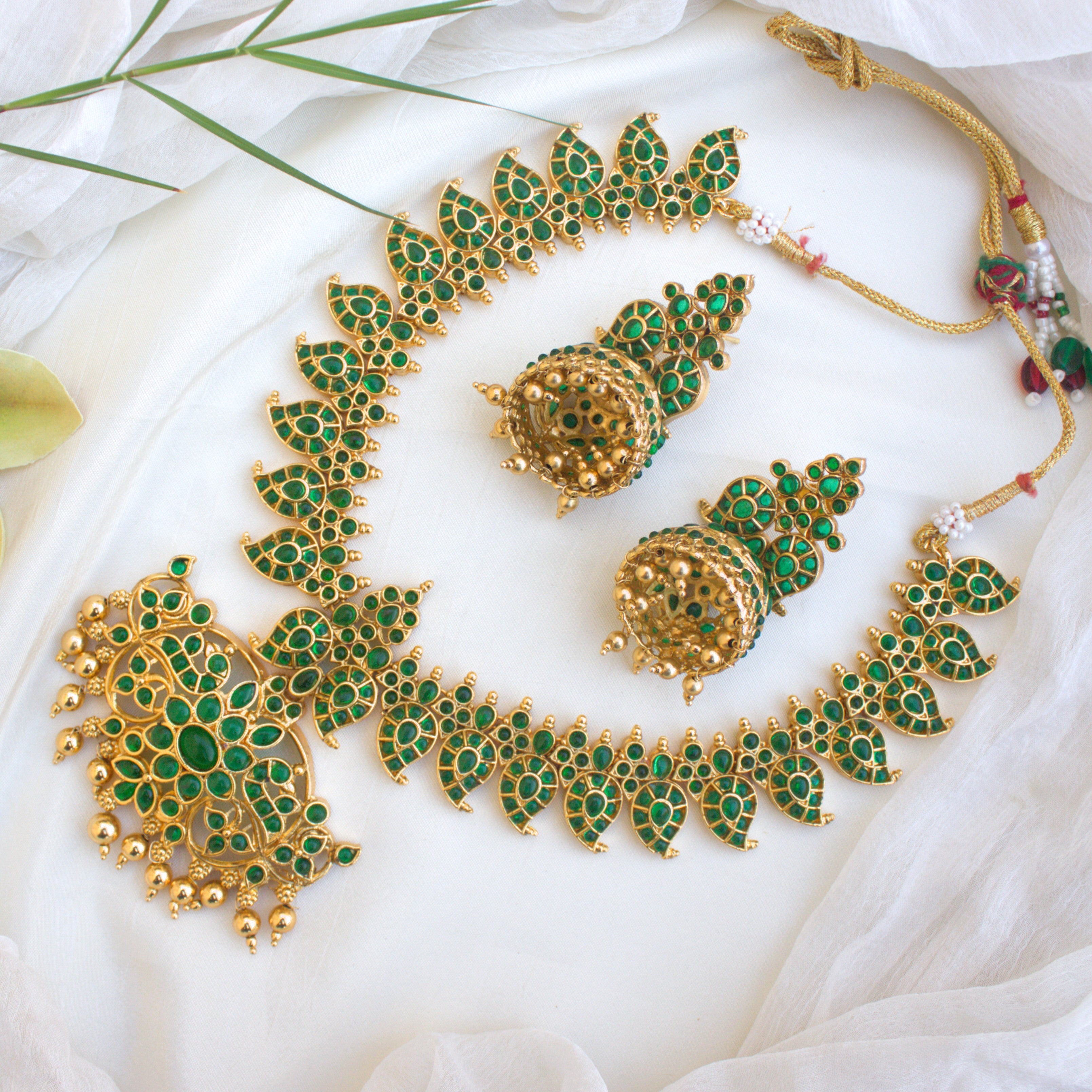 Premium Antique Gold Mango Mayuri Kemp Necklace Set - Green