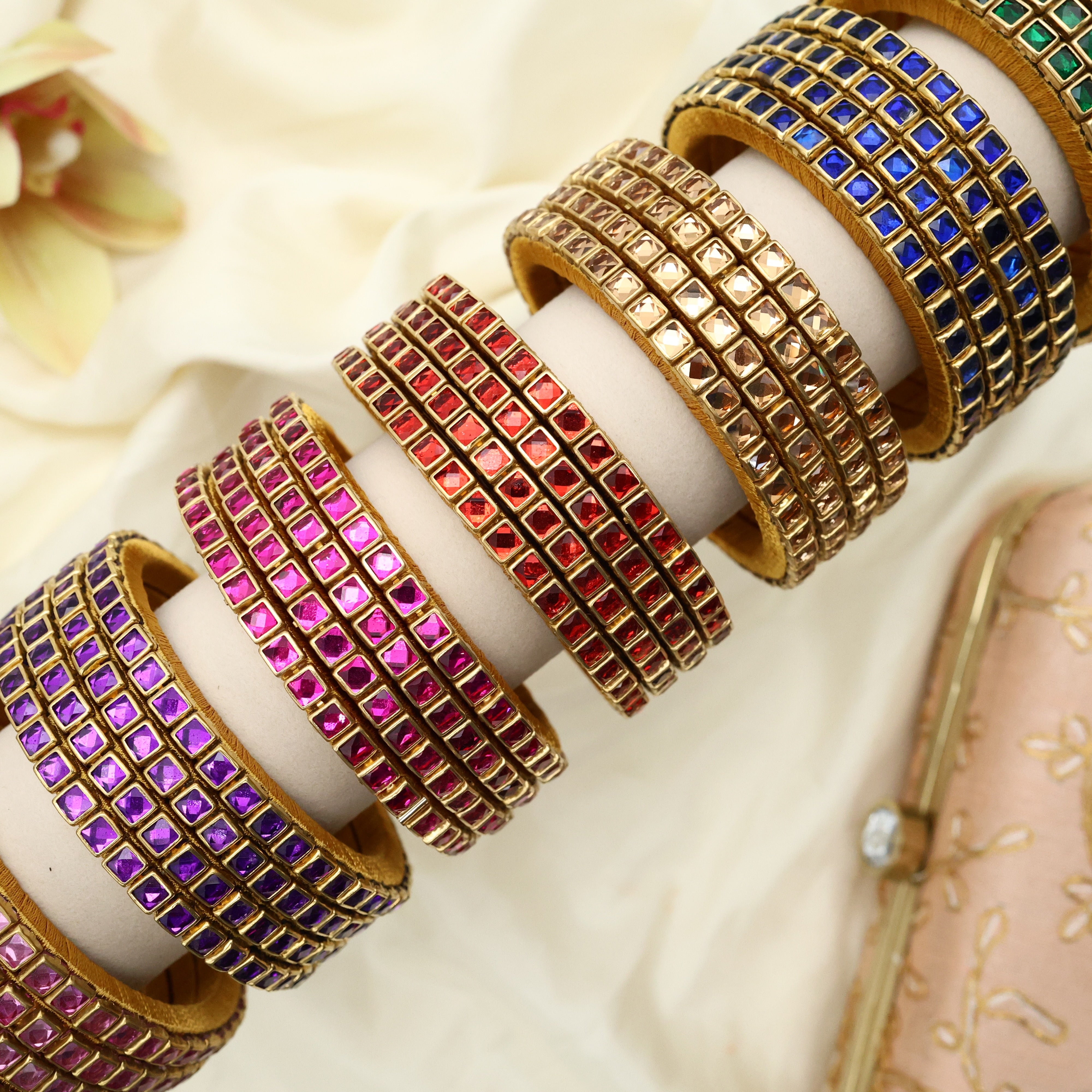 Handmade Silk Thread Glossy Kundan Square Stone Bangles - Pack of 7 Sets