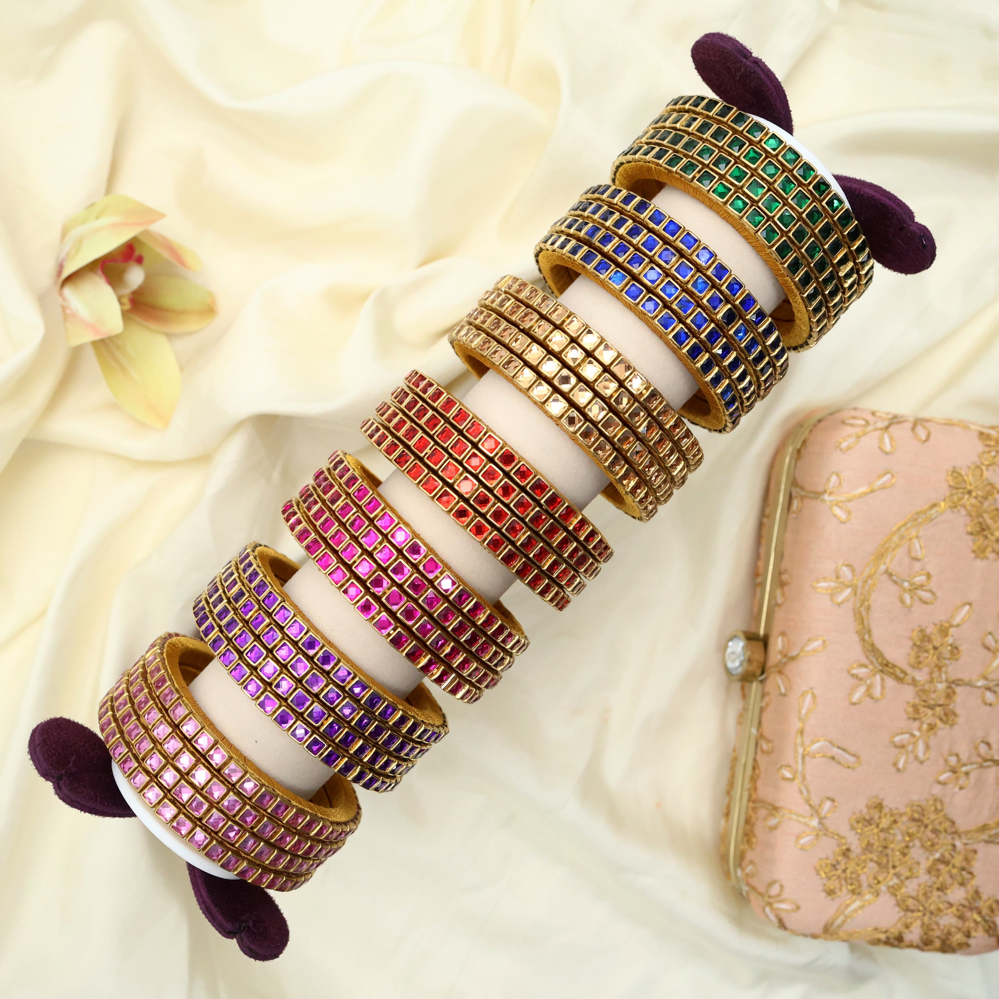 Handmade Silk Thread Glossy Kundan Square Stone Bangles - Pack of 7 Sets