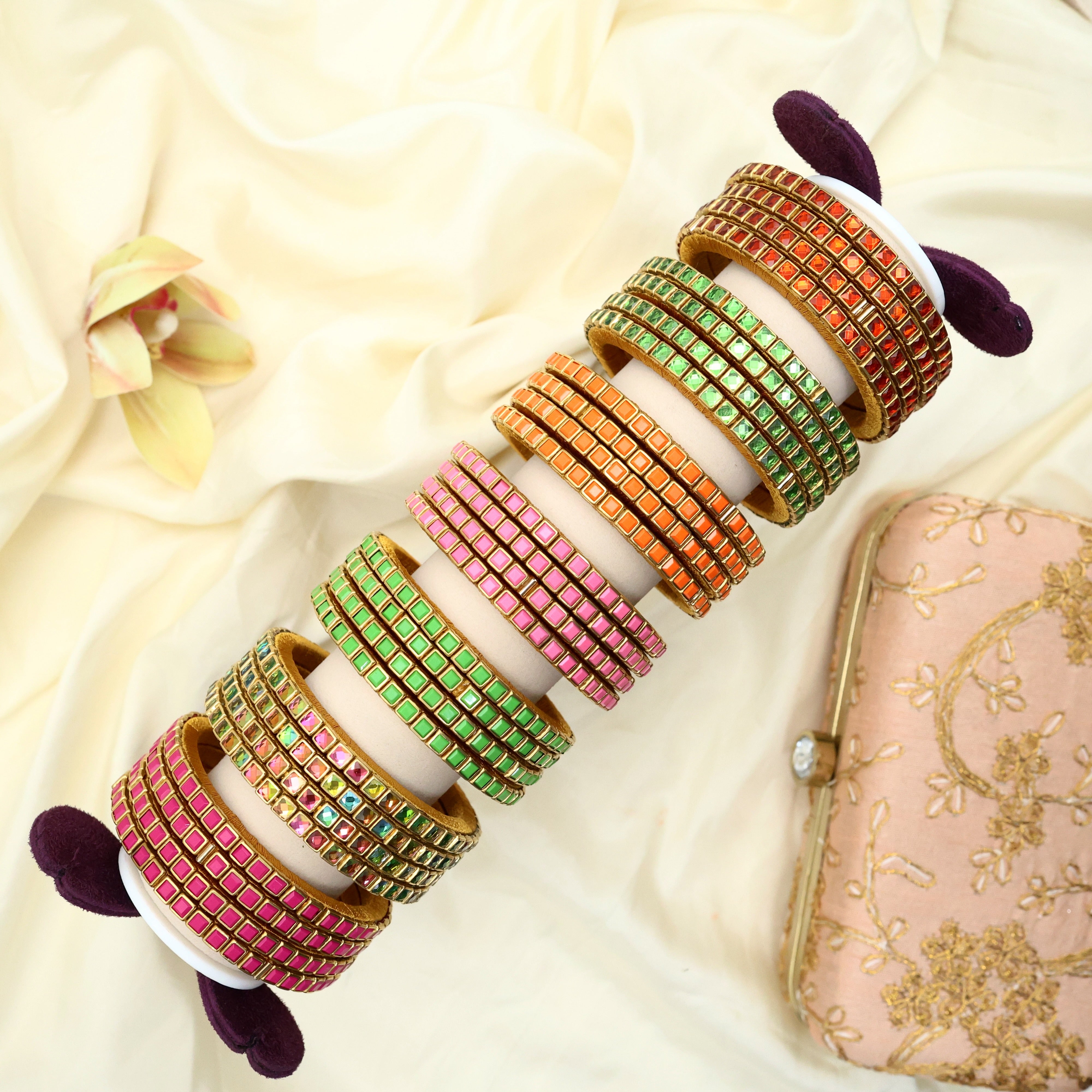 Handmade Silk Thread Kundan Square Stone Bangles - Pack of 7 Sets (Matte & Glossy)