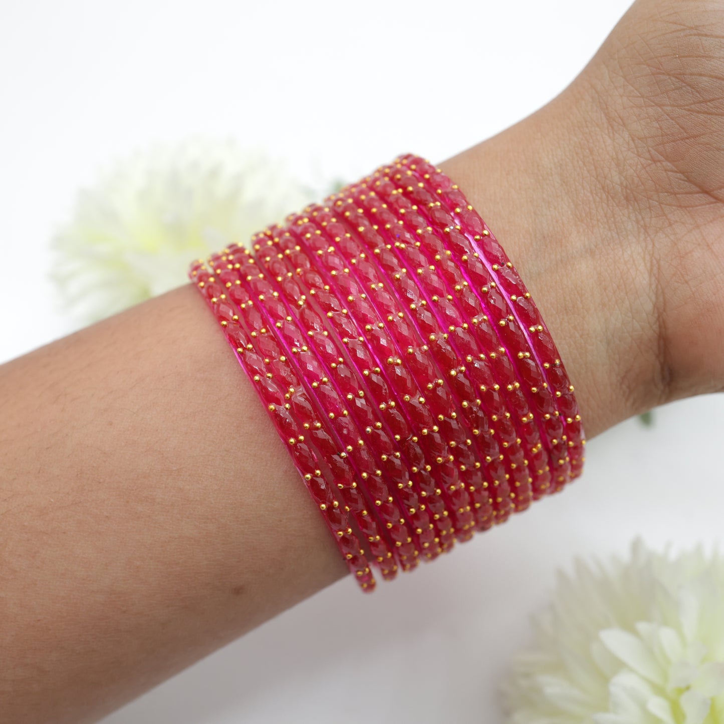 Raindrop Crystal Cut Glass Bangles - Rani Pink