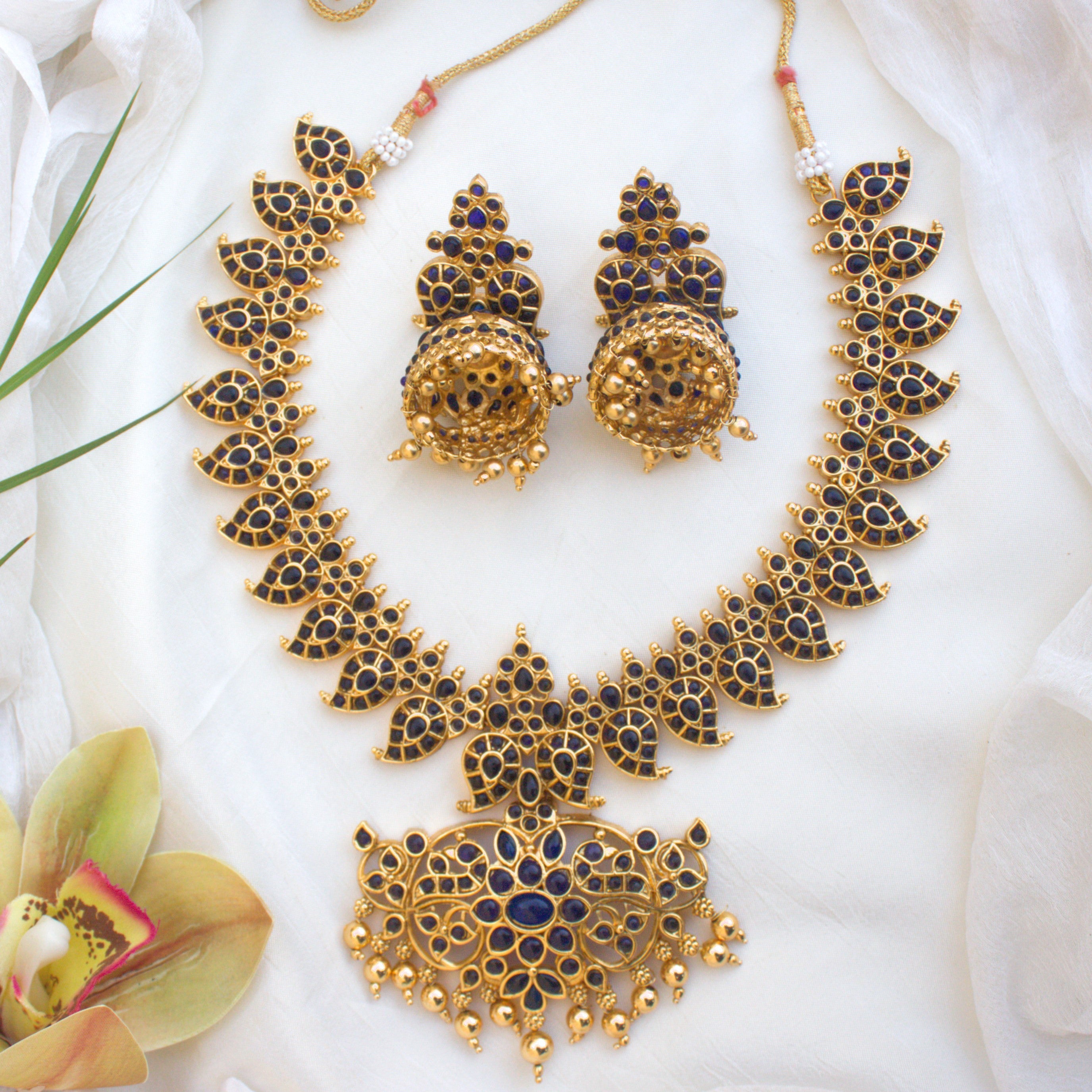 Premium Antique Gold Mango Mayuri Kemp Necklace Set - Blue