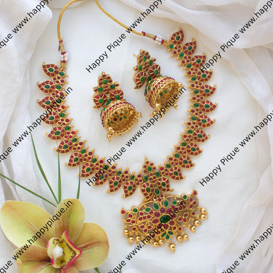 Premium Antique Gold Mango Mayuri Kemp Necklace Set - Red & Green