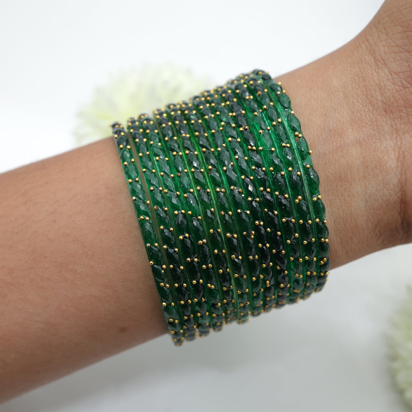 Raindrop Crystal Cut Glass Bangles - Dark Green