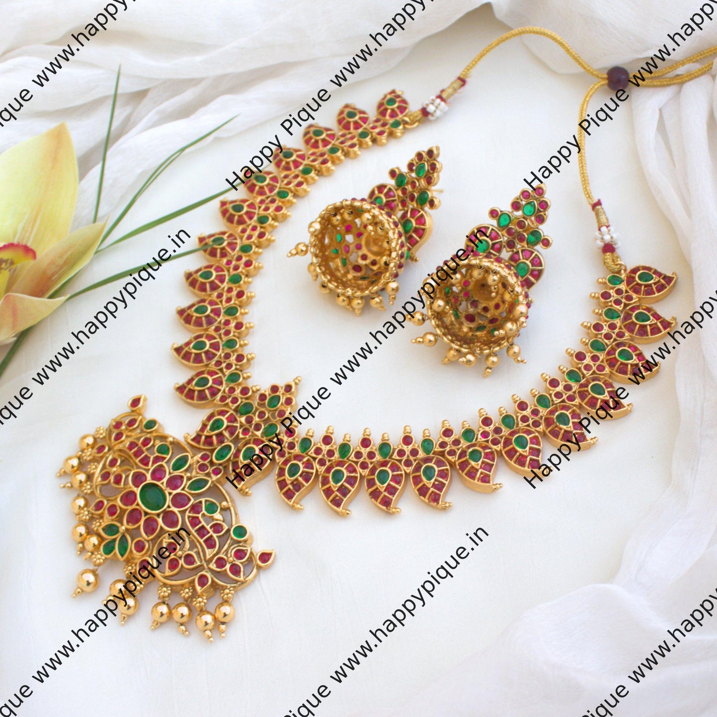 Premium Antique Gold Mango Mayuri Kemp Necklace Set - Red & Green