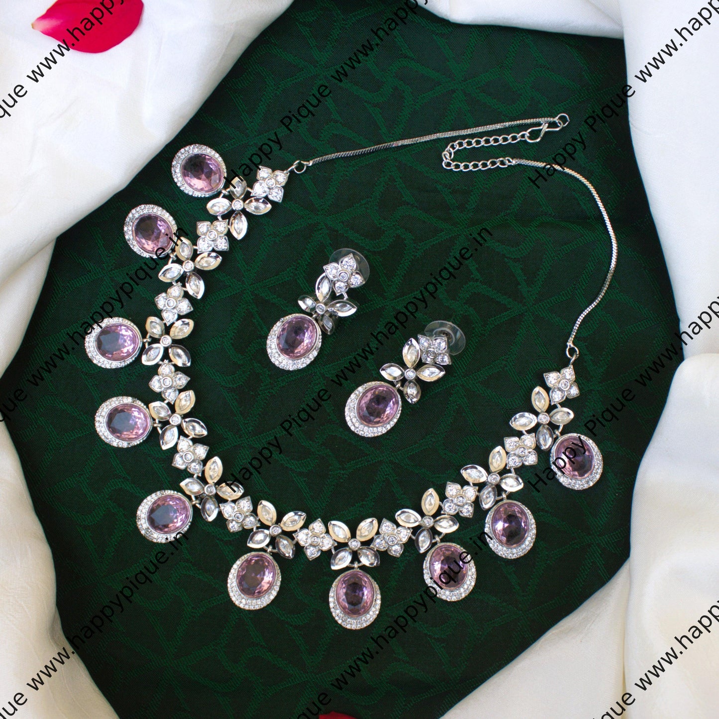 Regal Diamond Look AD Kundan Silver Pearl Glass Stone Bridal Necklace Set in Silver Polish - Glass Pink