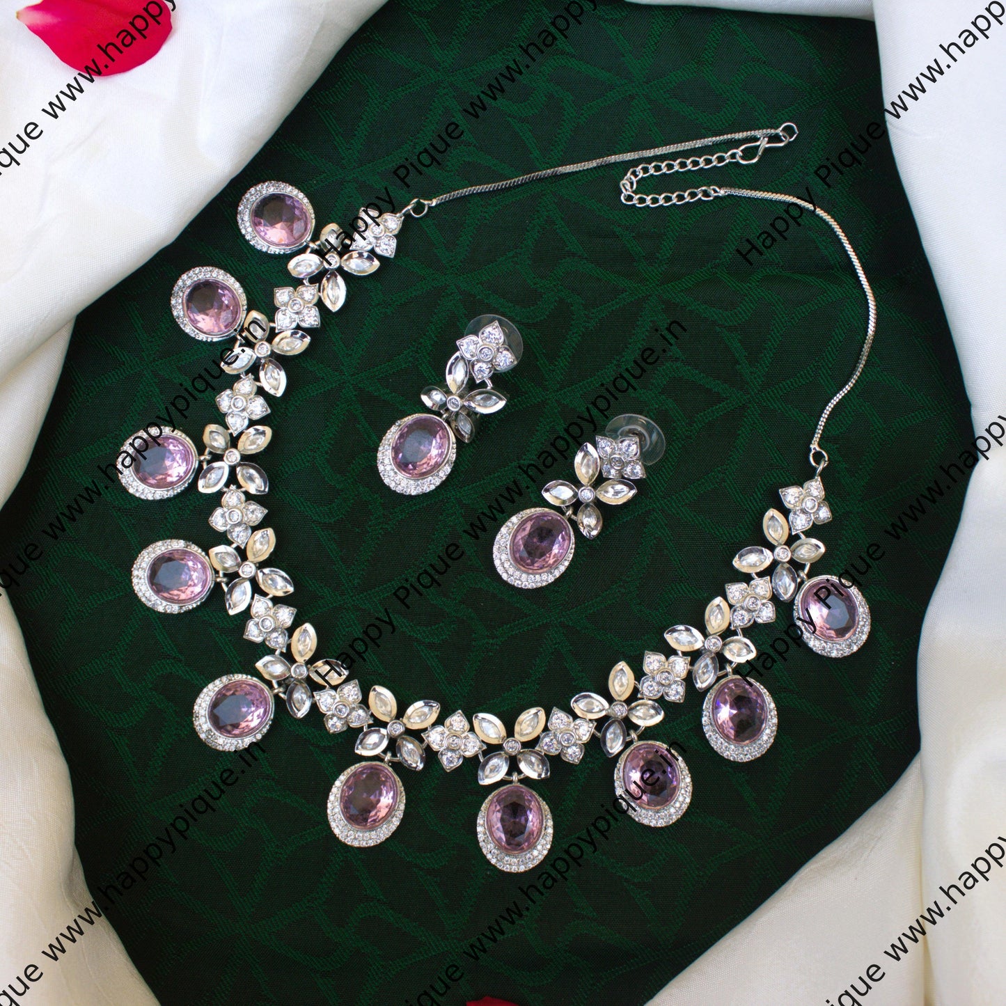 Regal Diamond Look AD Kundan Silver Pearl Glass Stone Bridal Necklace Set in Silver Polish - Glass Pink
