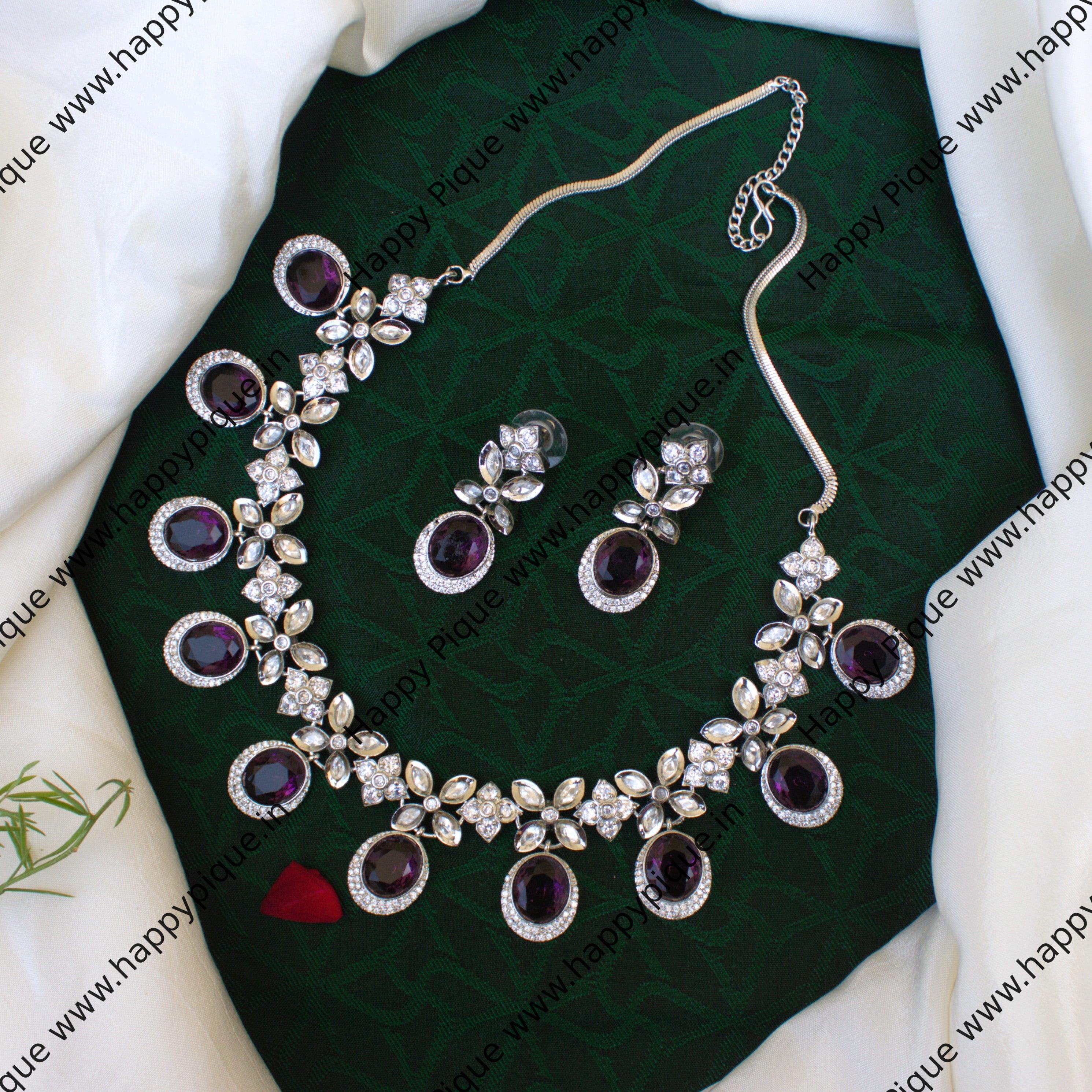 Regal Diamond Look AD Kundan Silver Pearl Glass Stone Bridal Necklace Set in Silver Polish - Violet