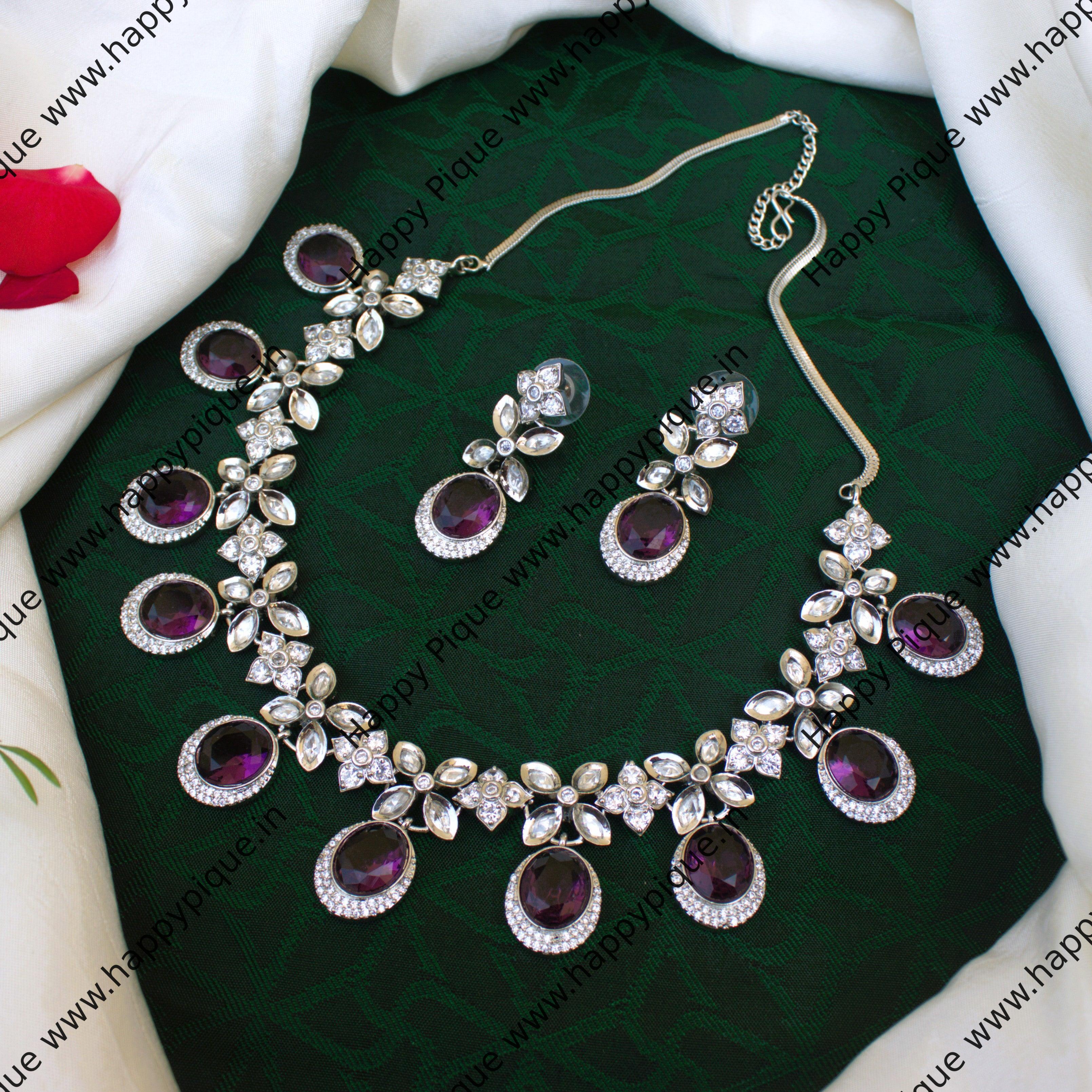 Regal Diamond Look AD Kundan Silver Pearl Glass Stone Bridal Necklace Set in Silver Polish - Violet