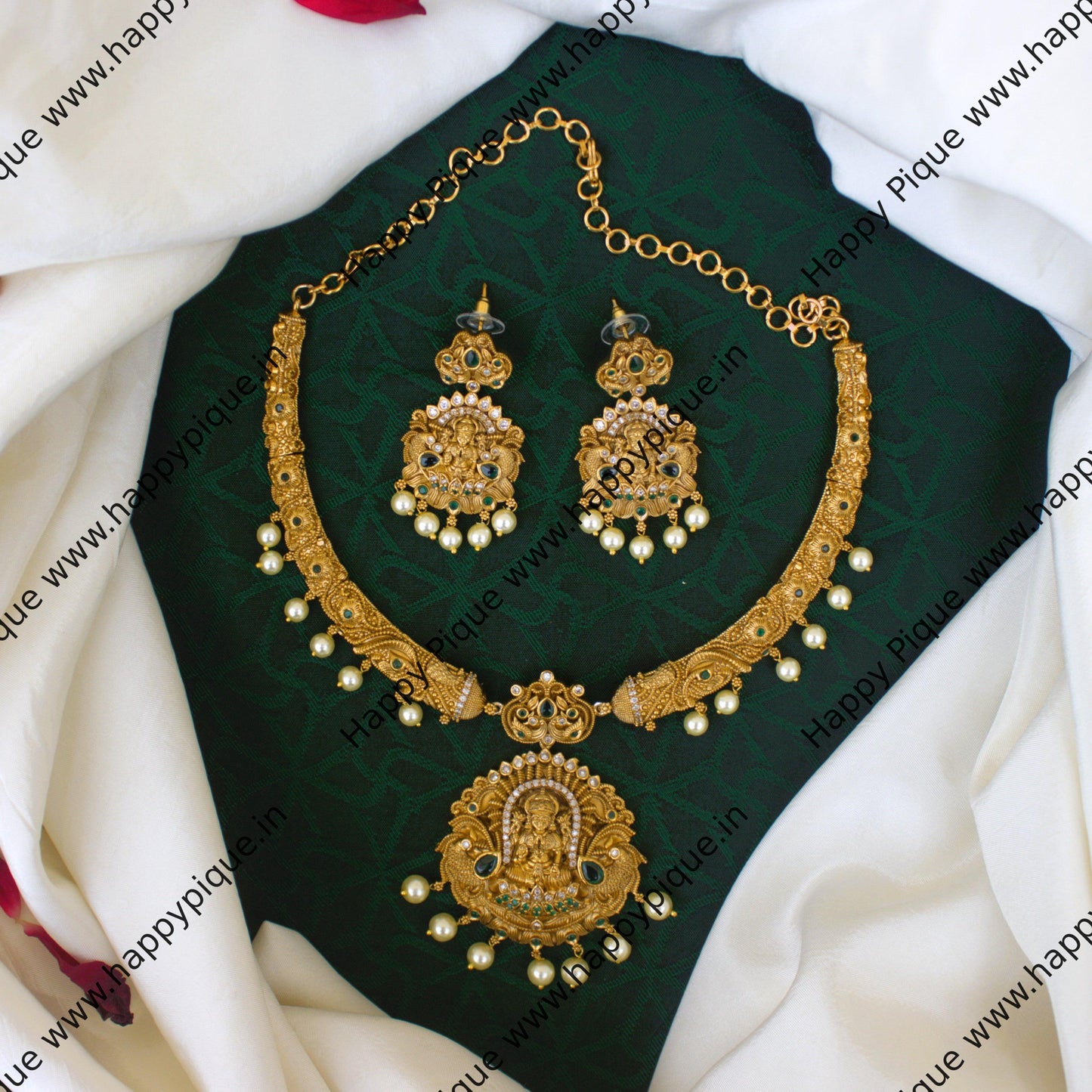 Premium Antique Gold AD Kemp Nagas Mahalakshmi Bridal Hasli Necklace Set