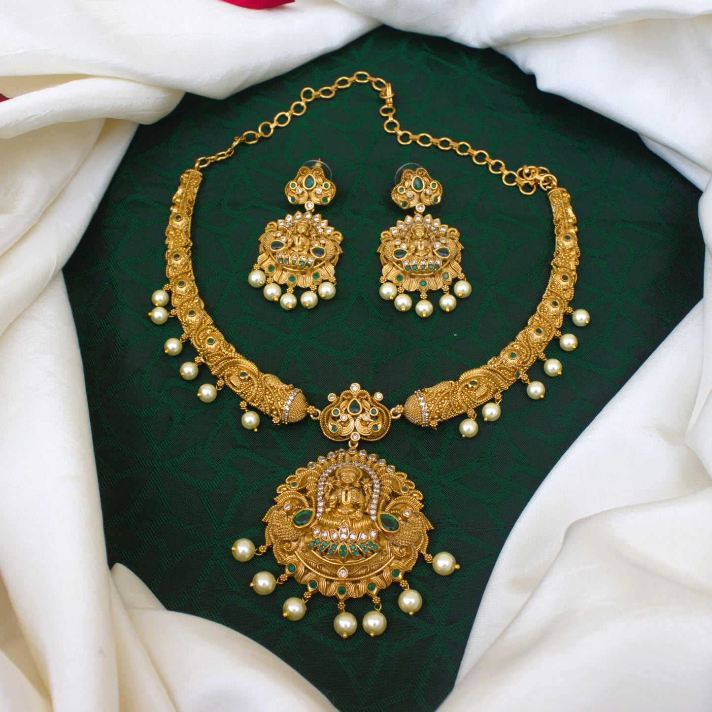 Premium Antique Gold AD Kemp Nagas Mahalakshmi Bridal Hasli Necklace Set