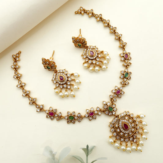 Lightweight AD Antique Flower Thilak Necklace Set