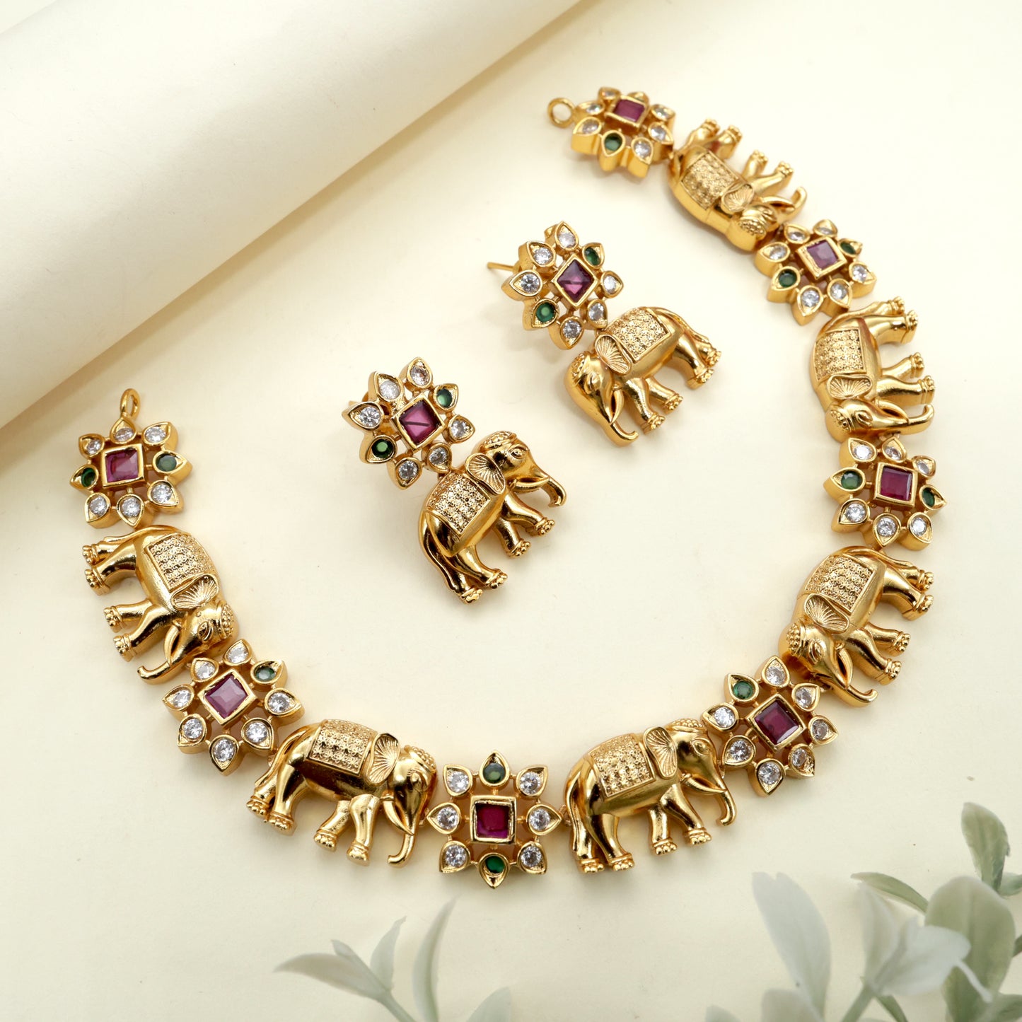 Antique Gold Elephants Flowers AD Necklace Set