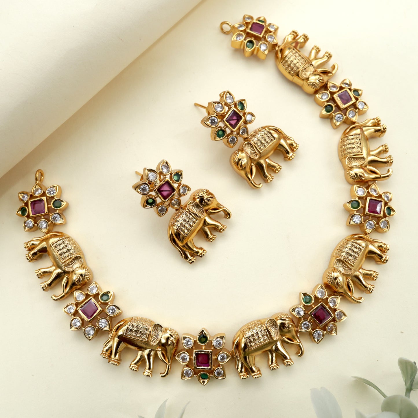 Antique Gold Elephants Flowers AD Necklace Set