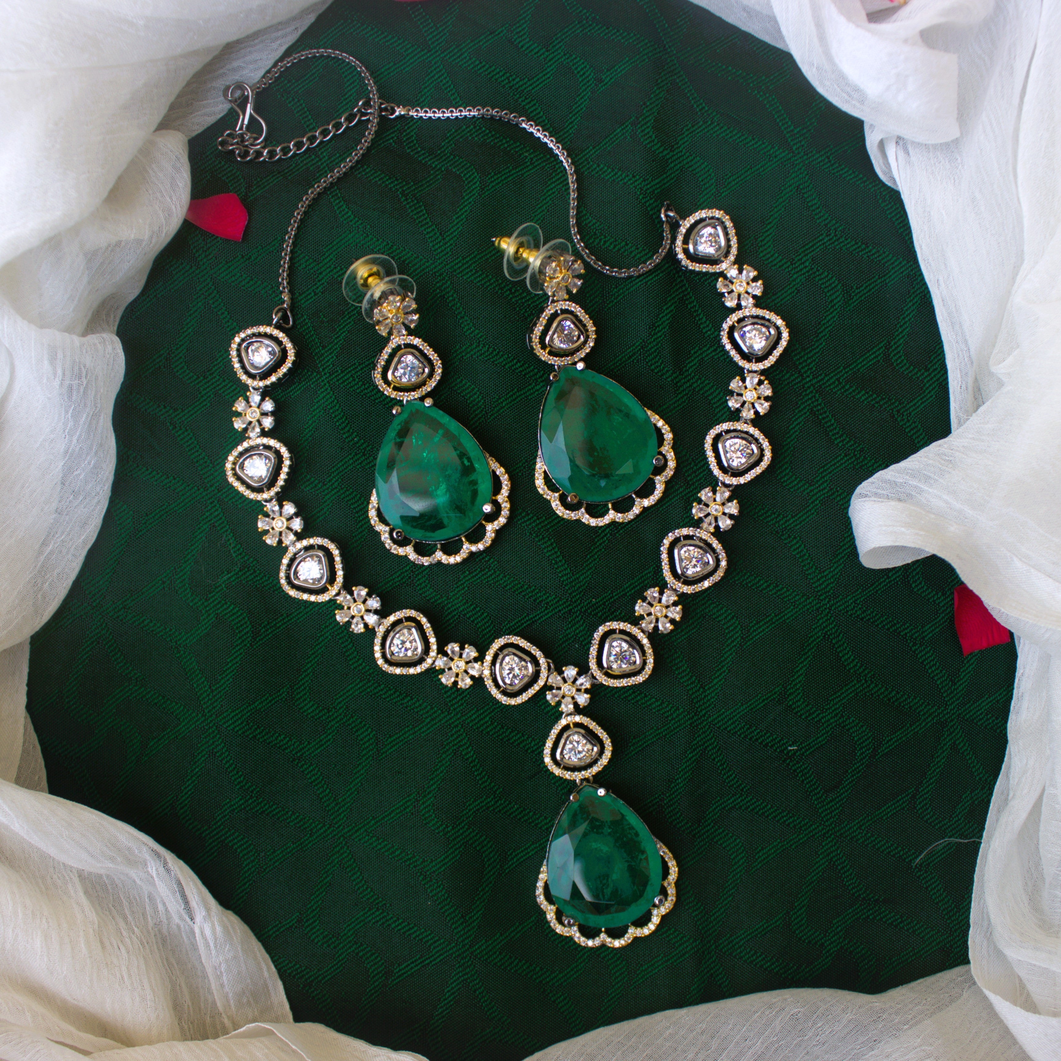 Exquisite Doublet Stone AD Kundan Black Rose Victorian Bridal Necklace Set - Emerald