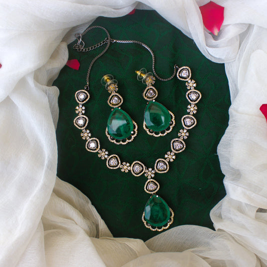 Exquisite Doublet Stone AD Kundan Black Rose Victorian Bridal Necklace Set - Emerald