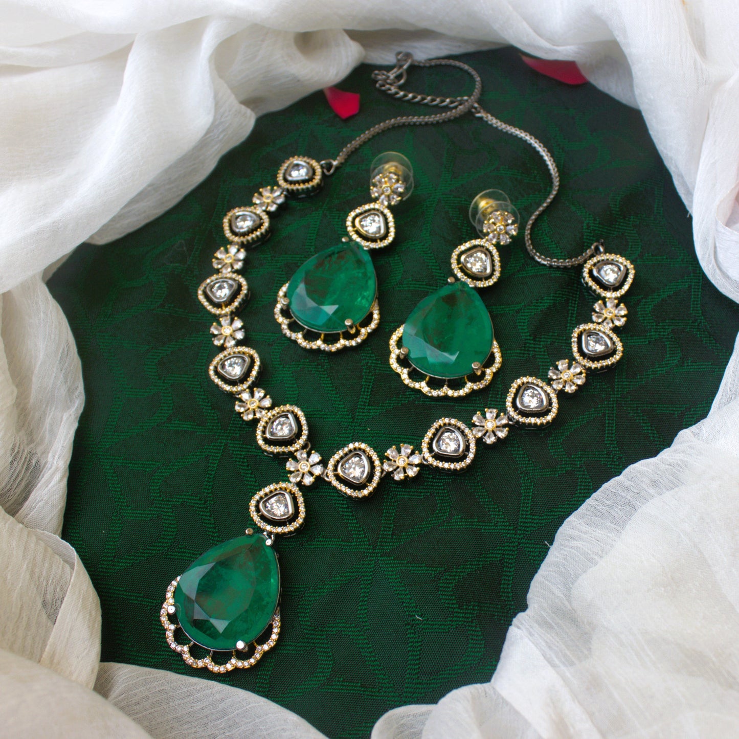 Exquisite Doublet Stone AD Kundan Black Rose Victorian Bridal Necklace Set - Emerald