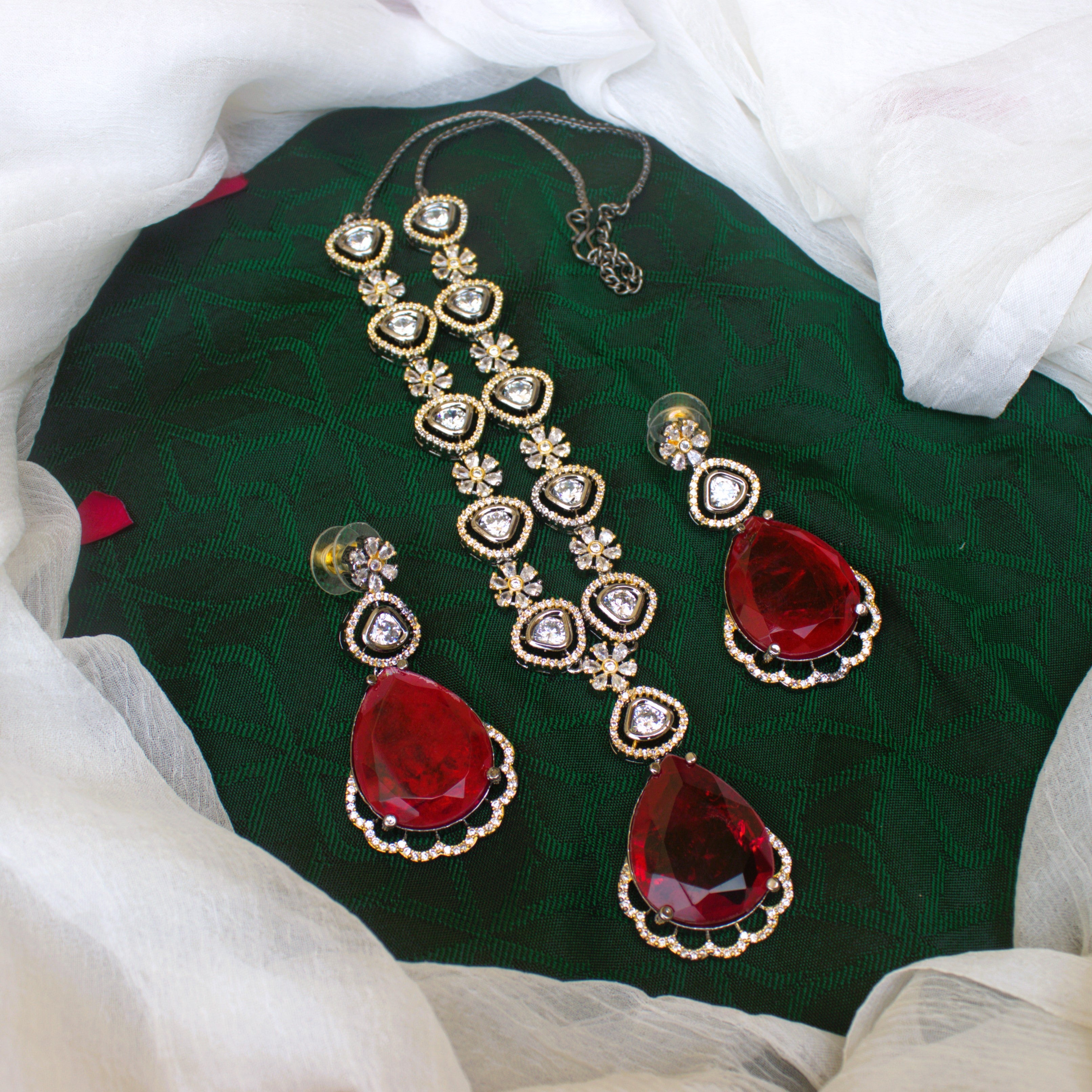 Exquisite Doublet Stone AD Kundan Black Rose Victorian Bridal Necklace Set - Ruby