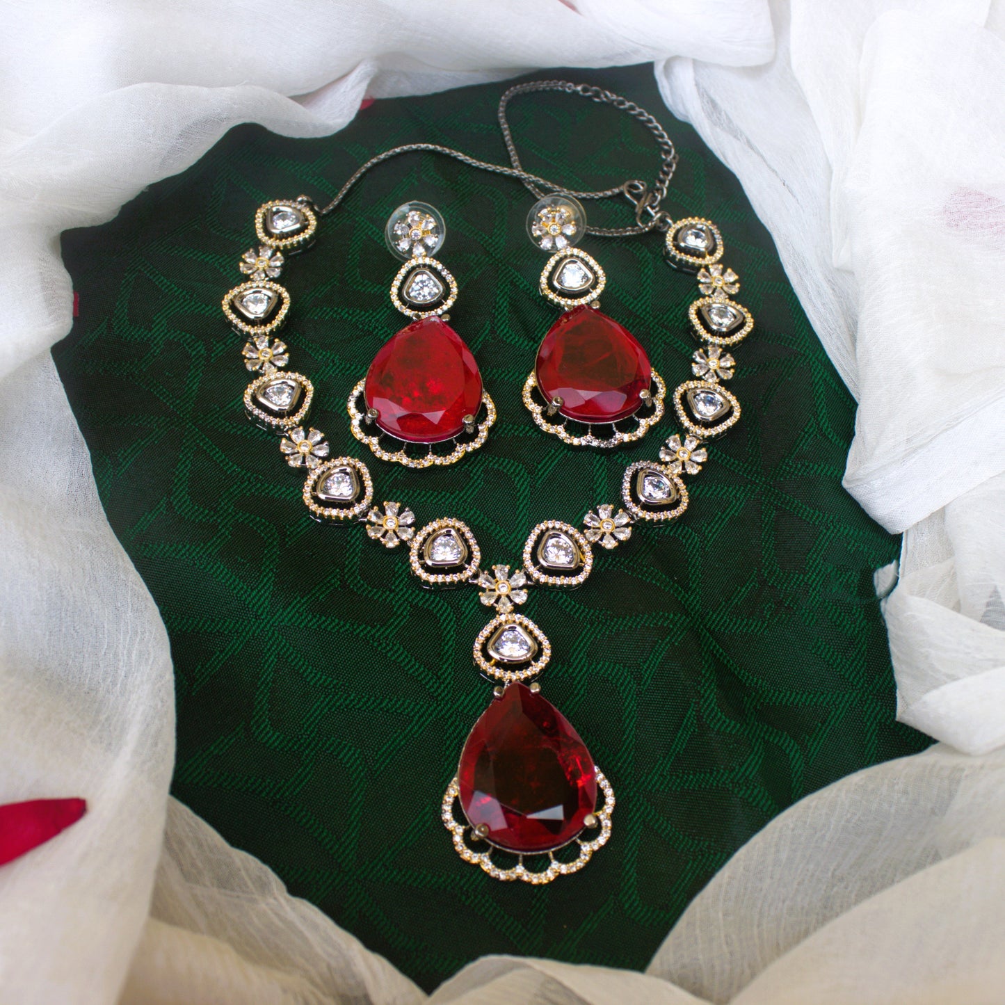 Exquisite Doublet Stone AD Kundan Black Rose Victorian Bridal Necklace Set - Ruby