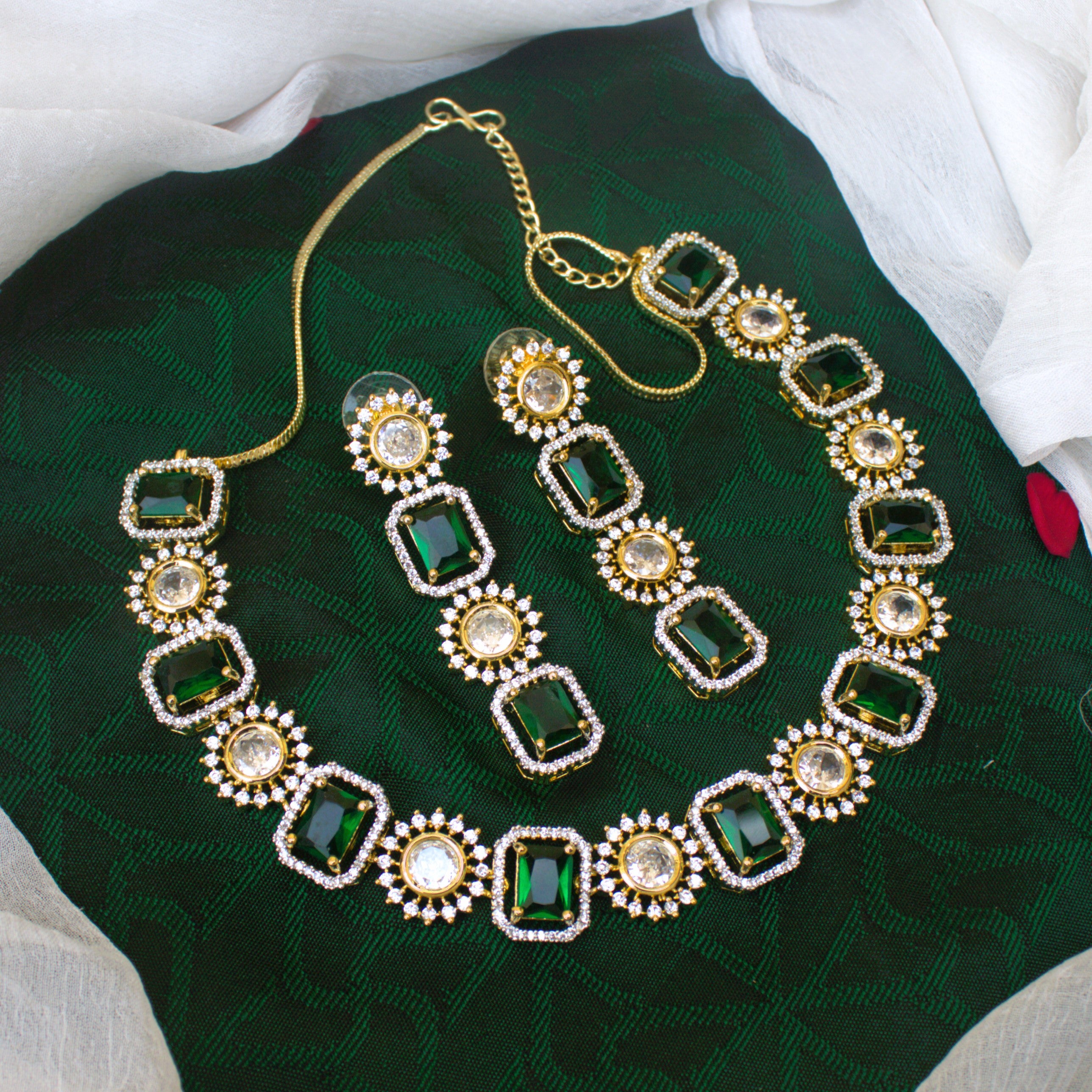 Diamond Look Rectangle Emerald AD Bridal Necklace Set in Micro Gold Polish - Statement Bridal Jewellery Collection