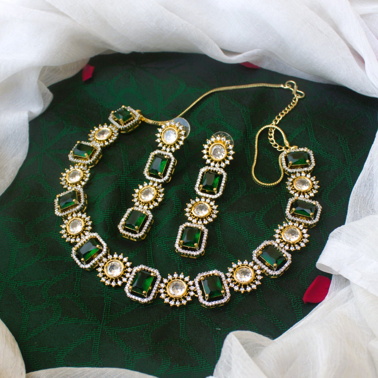 Diamond Look Rectangle Emerald AD Bridal Necklace Set in Micro Gold Polish - Statement Bridal Jewellery Collection