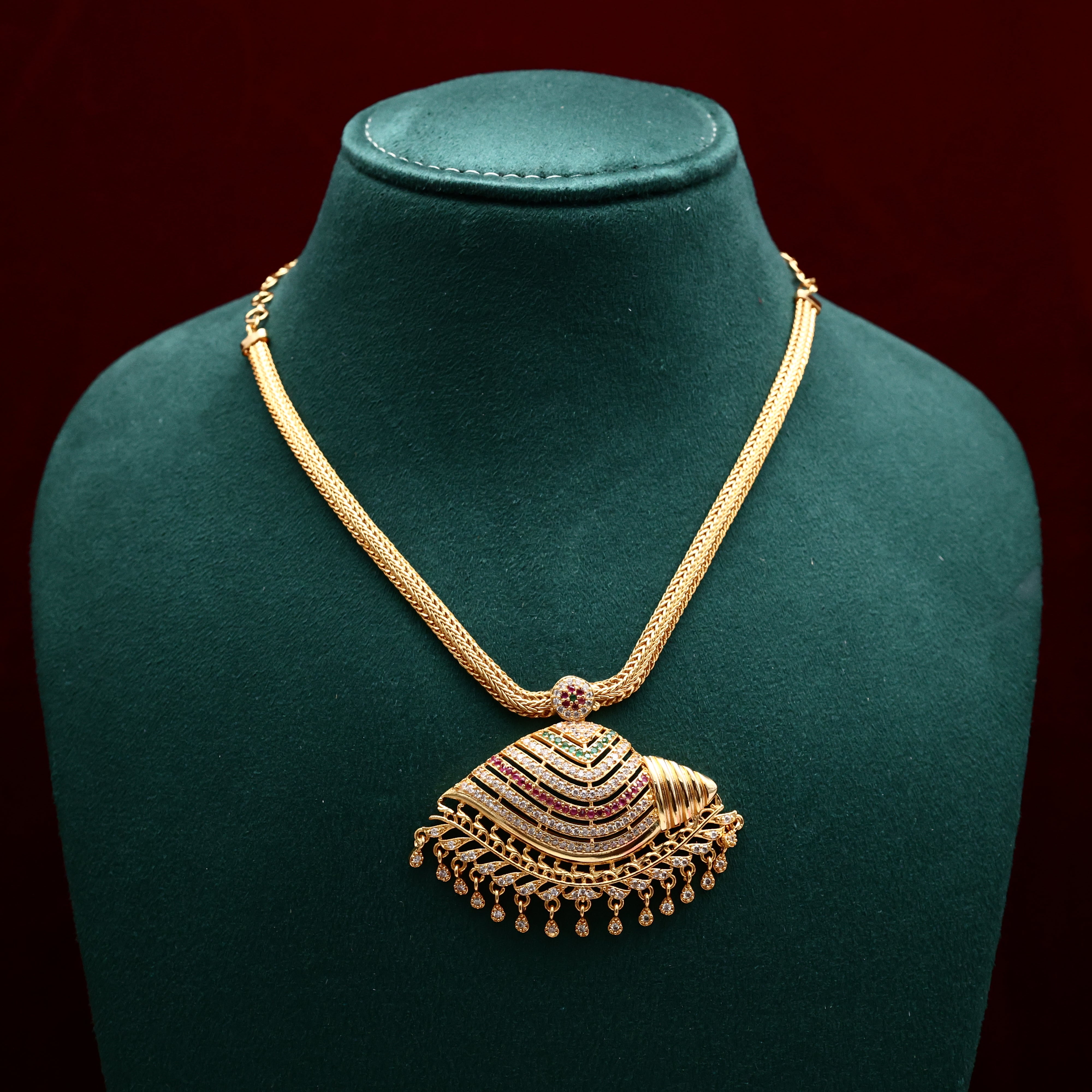 Real Gold Tone Traditional Big Shankh Pendant Necklace - Multi