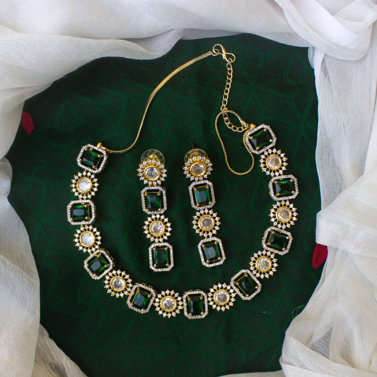 Diamond Look Rectangle Emerald AD Bridal Necklace Set in Micro Gold Polish - Statement Bridal Jewellery Collection