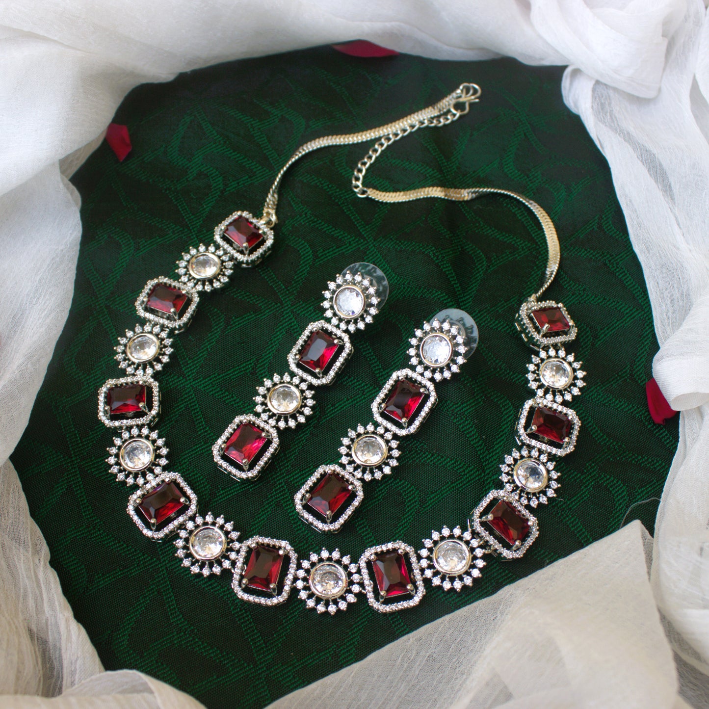 Diamond Look Rectangle Ruby AD Bridal Necklace Set in Silver Polish - Statement Bridal Jewellery Collection