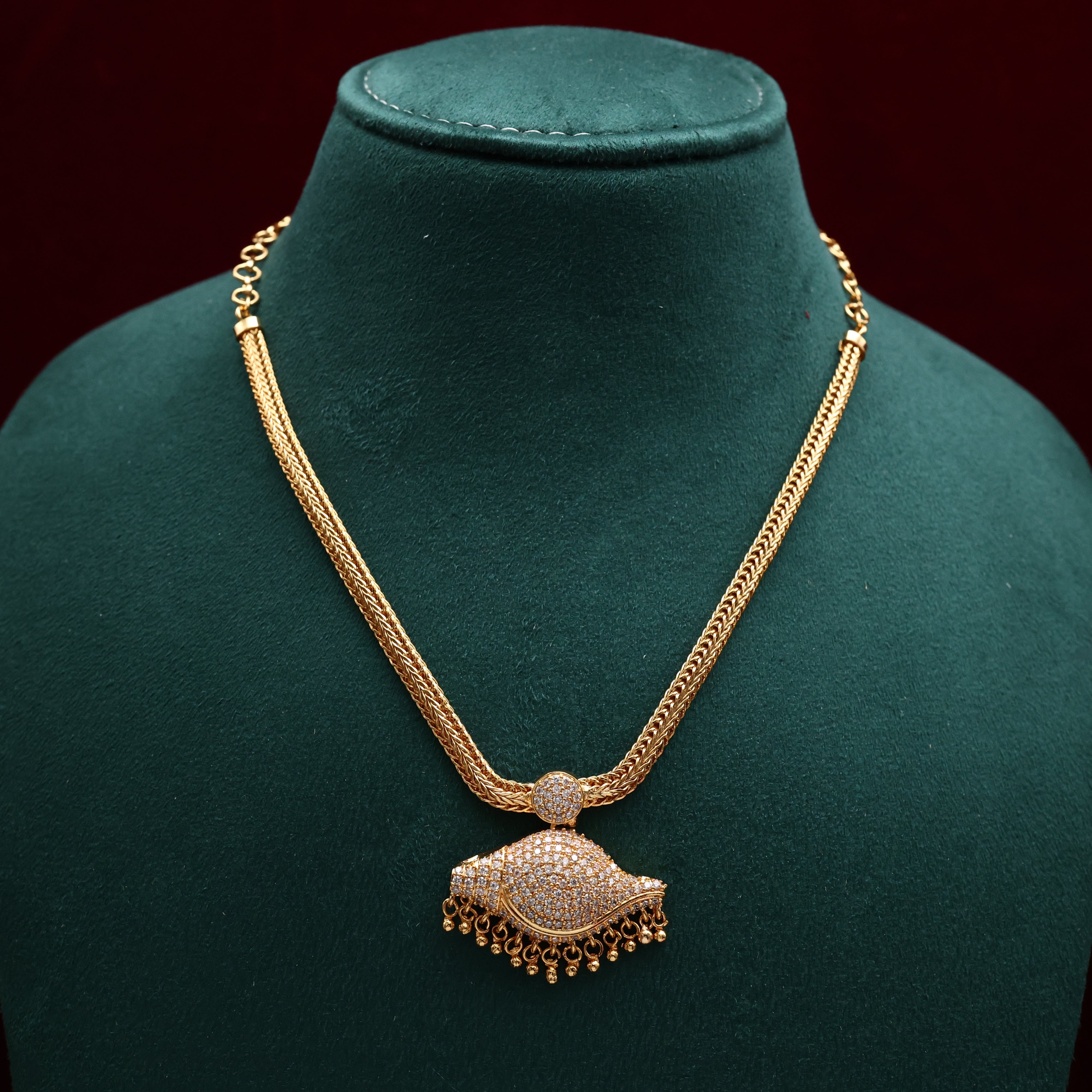 Real Gold Tone Traditional Shankh Pendant Necklace - Full White