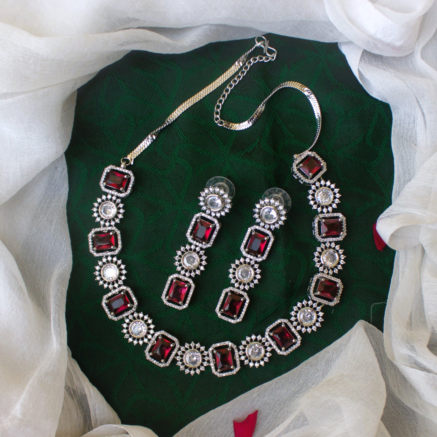 Diamond Look Rectangle Ruby AD Bridal Necklace Set in Silver Polish - Statement Bridal Jewellery Collection