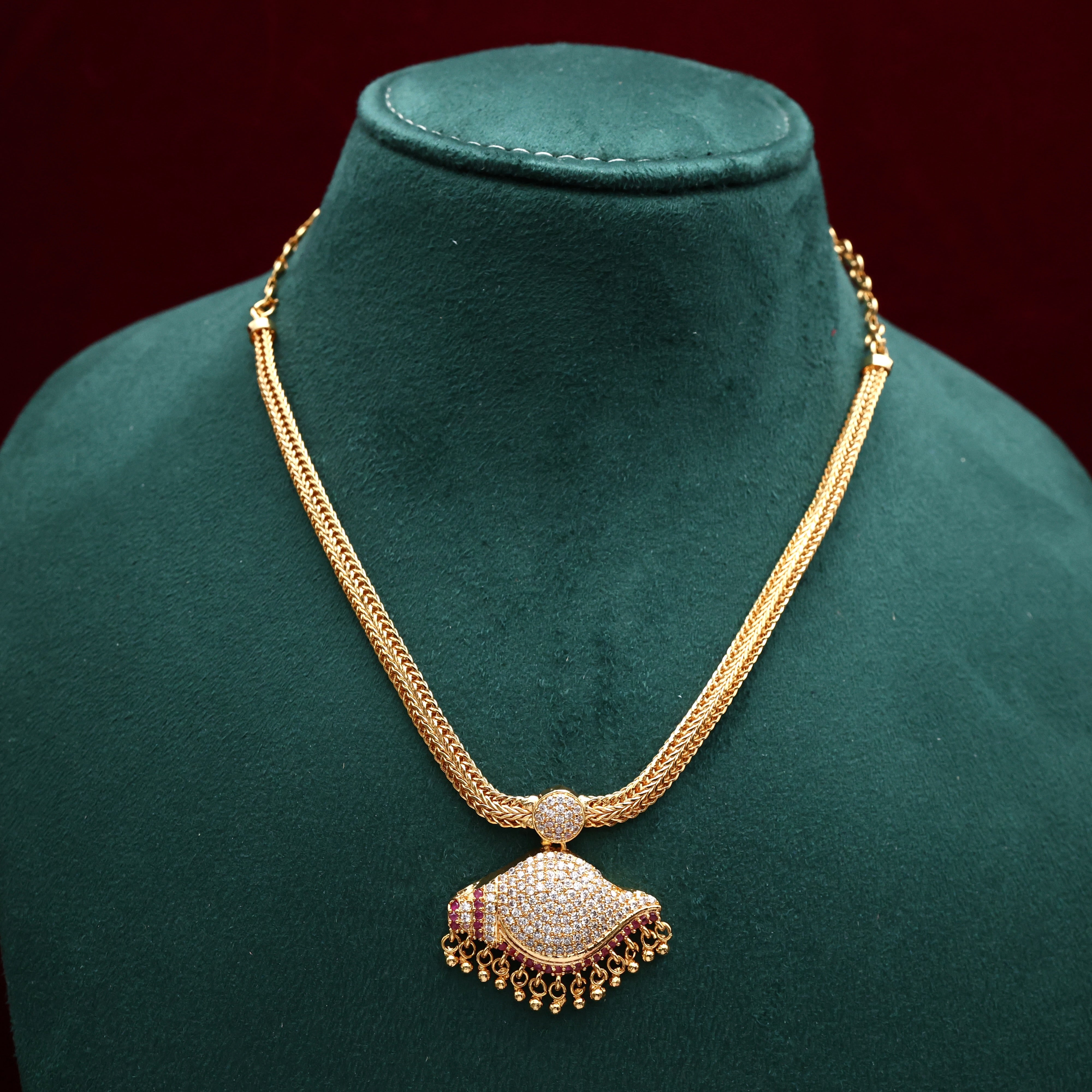 Real Gold Tone Traditional Shankh Pendant Necklace - White & Ruby