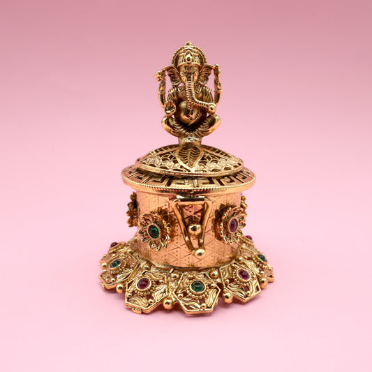 Antique Gold Kemp Traditional Lord Ganesha Haldi/Kumkum Box - Sindoor Dabbi