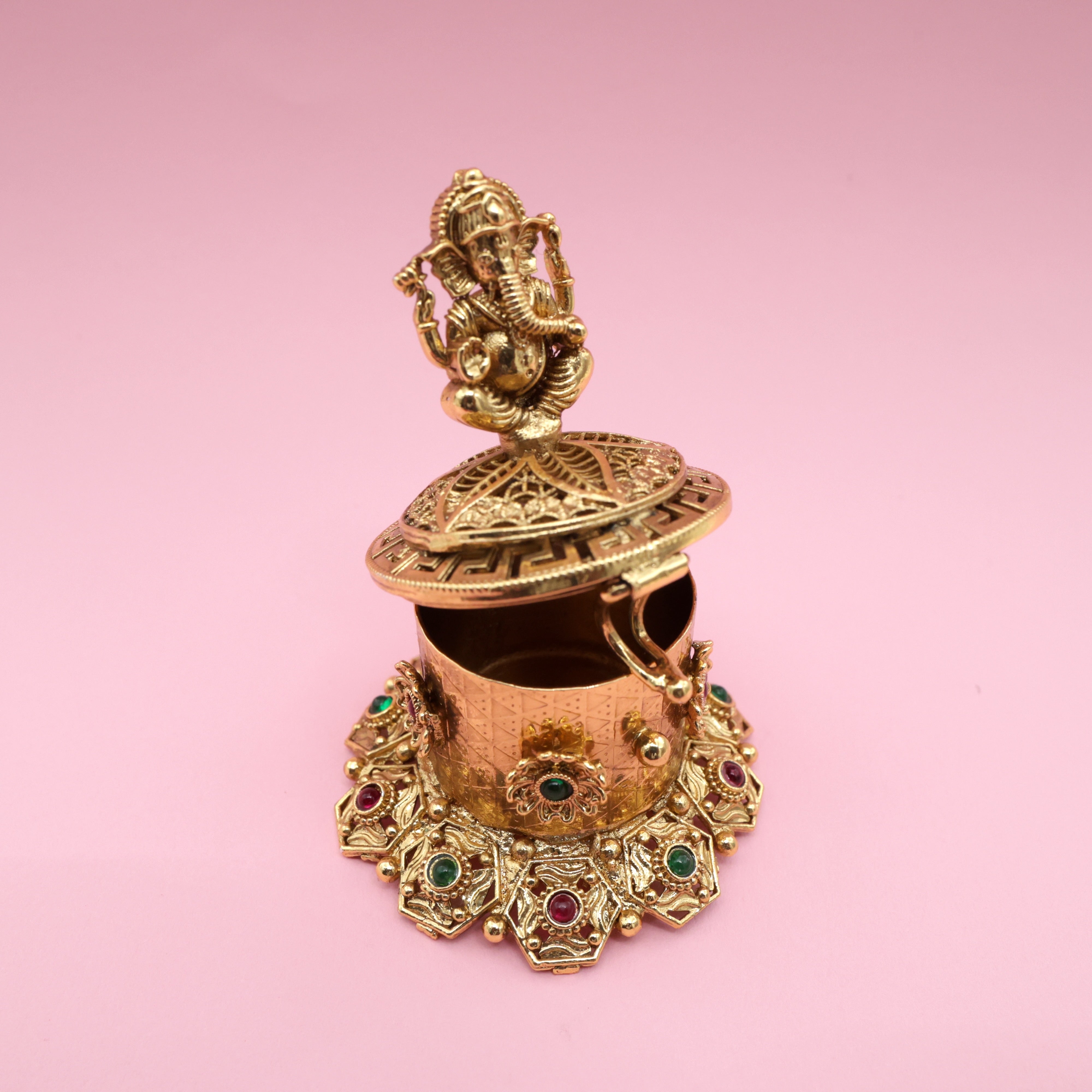 Antique Gold Kemp Traditional Lord Ganesha Haldi/Kumkum Box - Sindoor Dabbi