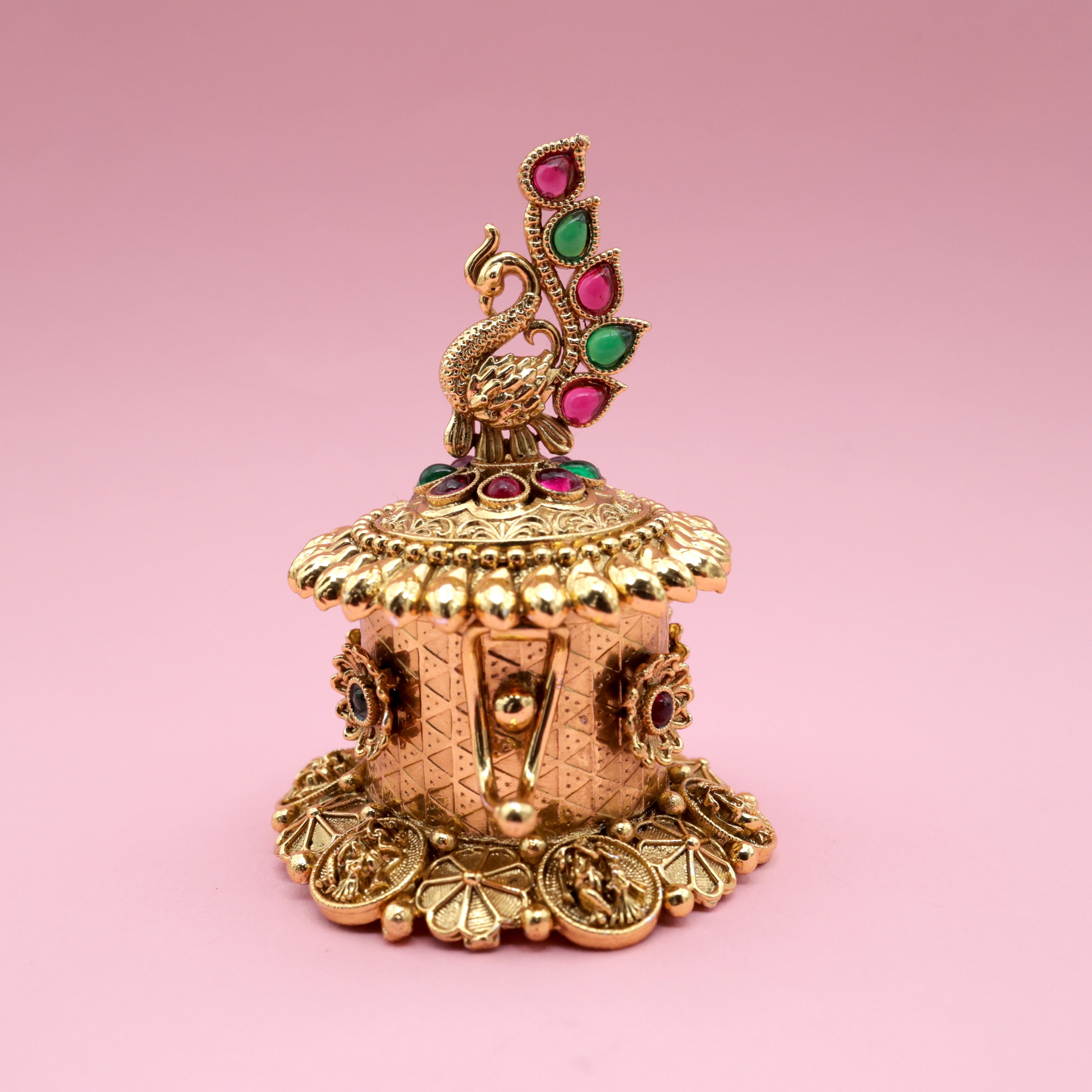 Antique Gold Kemp Traditional Dancing Peacock Haldi/Kumkum Box - Sindoor Dabbi