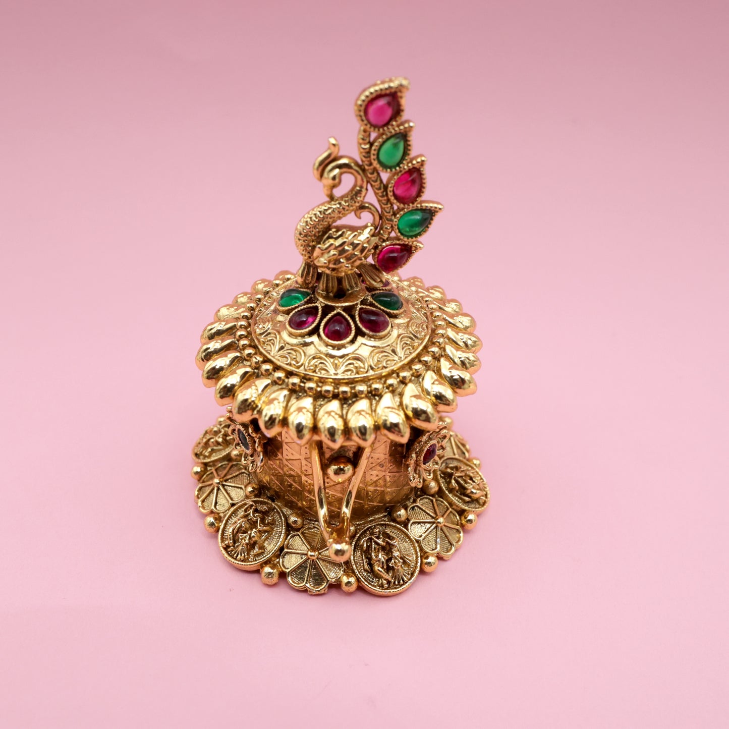 Antique Gold Kemp Traditional Dancing Peacock Haldi/Kumkum Box - Sindoor Dabbi